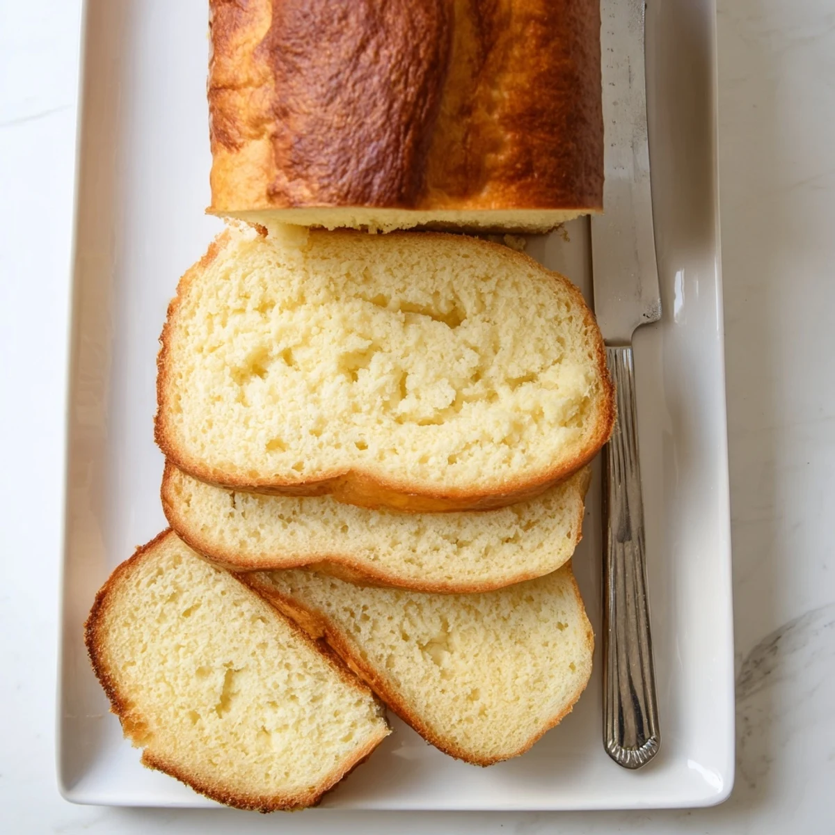 Golden brown cottage cheese loaf bread sliced on a wooden cutting board with melting butter