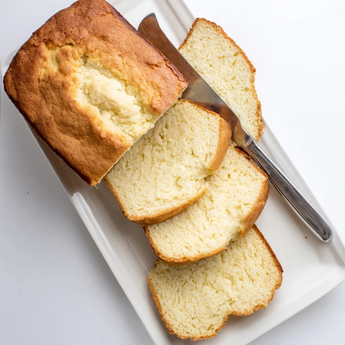 Freshly baked cottage cheese loaf bread cooling on wire rack with soft white interior visible