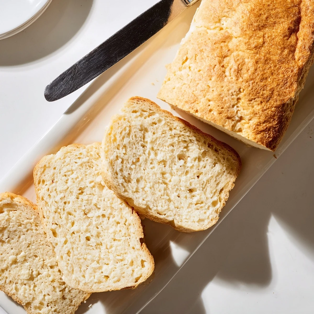 Protein-rich cottage cheese loaf bread recipe showing golden crust alongside ingredients for homemade bread