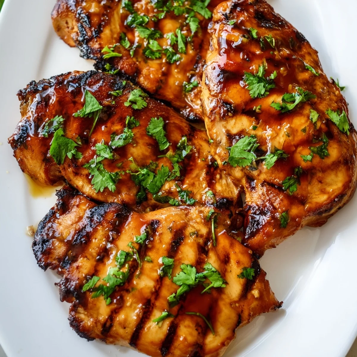 Golden grilled Key West chicken breasts glazed with honey lime marinade and fresh cilantro garnish on a white plate