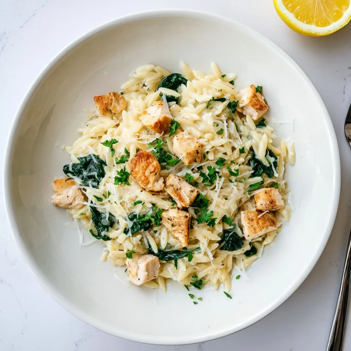 Golden orzo pasta with tender chicken in a rich garlic butter and Pepper Jack cheese sauce