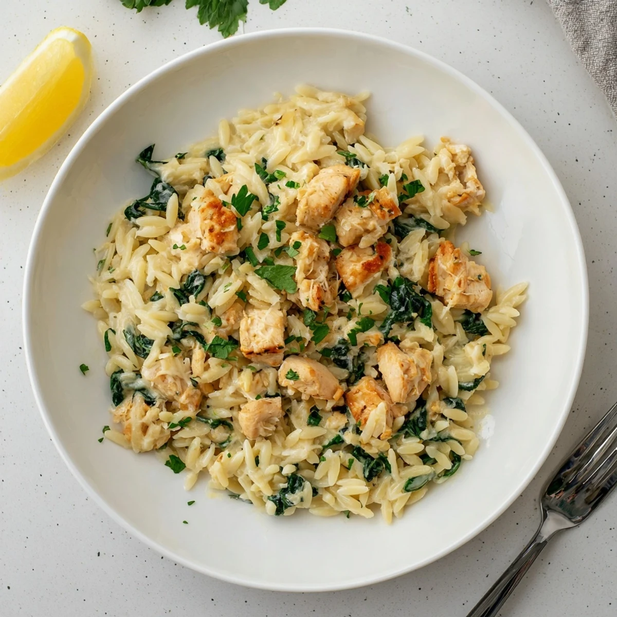 Creamy one-pan chicken orzo dish topped with melted spicy Pepper Jack and fresh green spinach