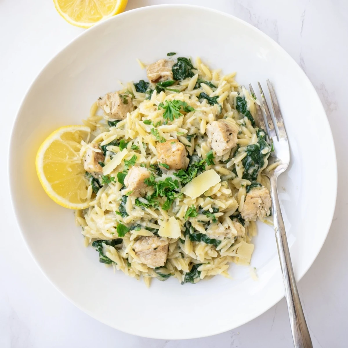 Savory chicken and orzo simmered in a decadent garlic butter sauce with Pepper Jack cheese