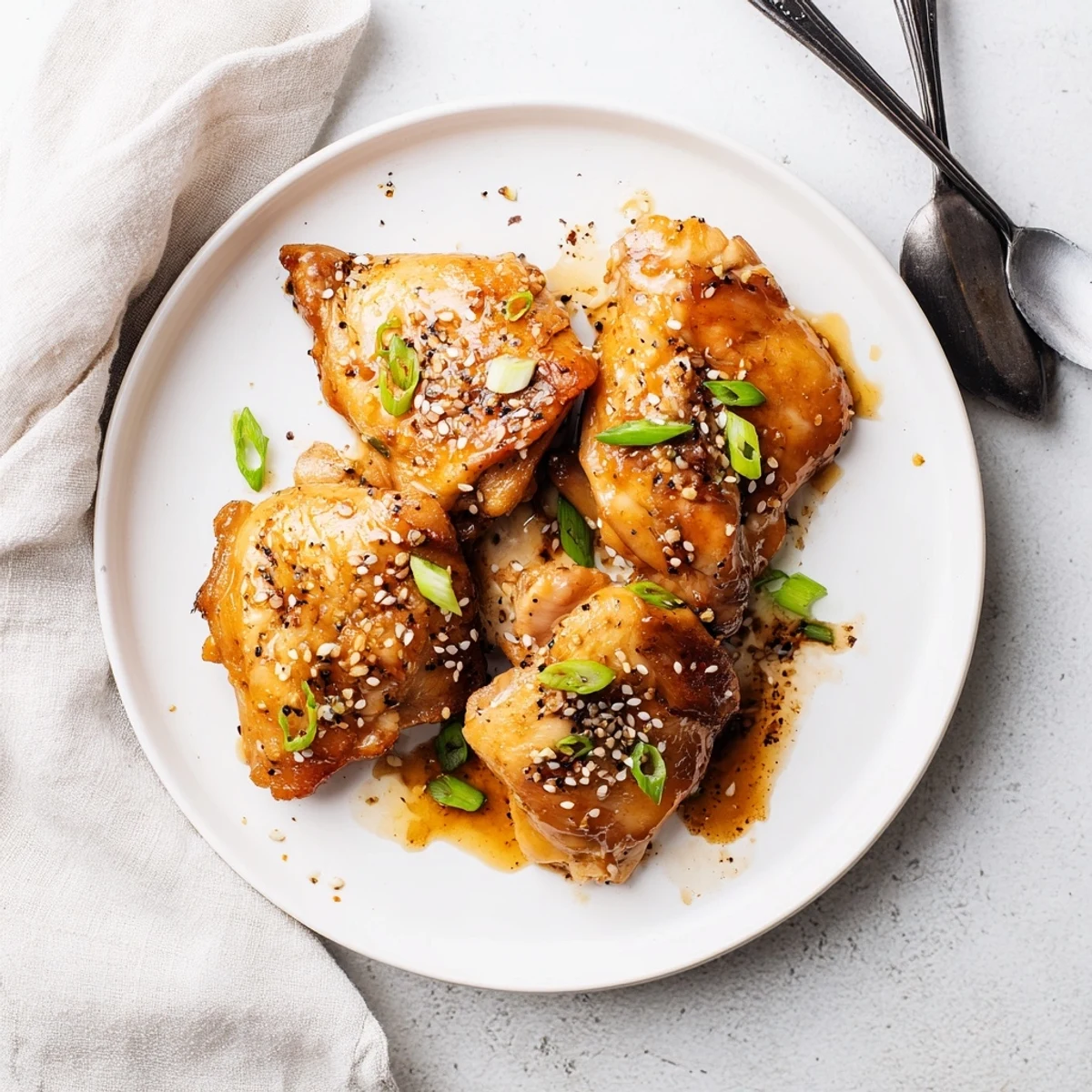 Golden garlic black pepper chicken thighs garnished with fresh green onions and sesame seeds