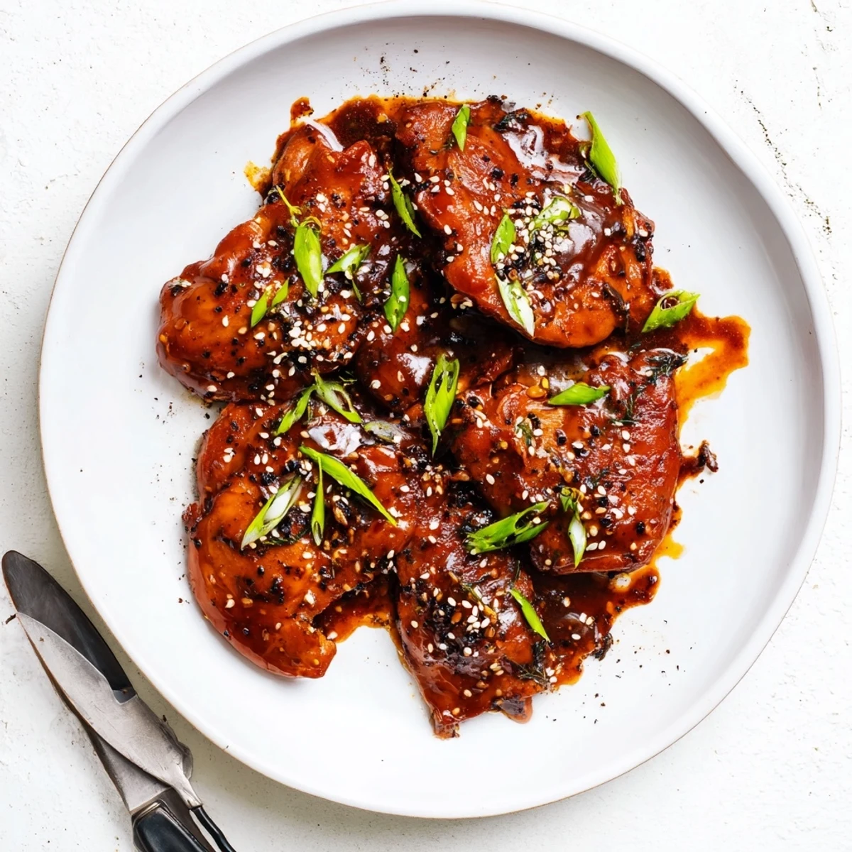Juicy pan-seared garlic black pepper chicken pieces coated in dark glossy marinade