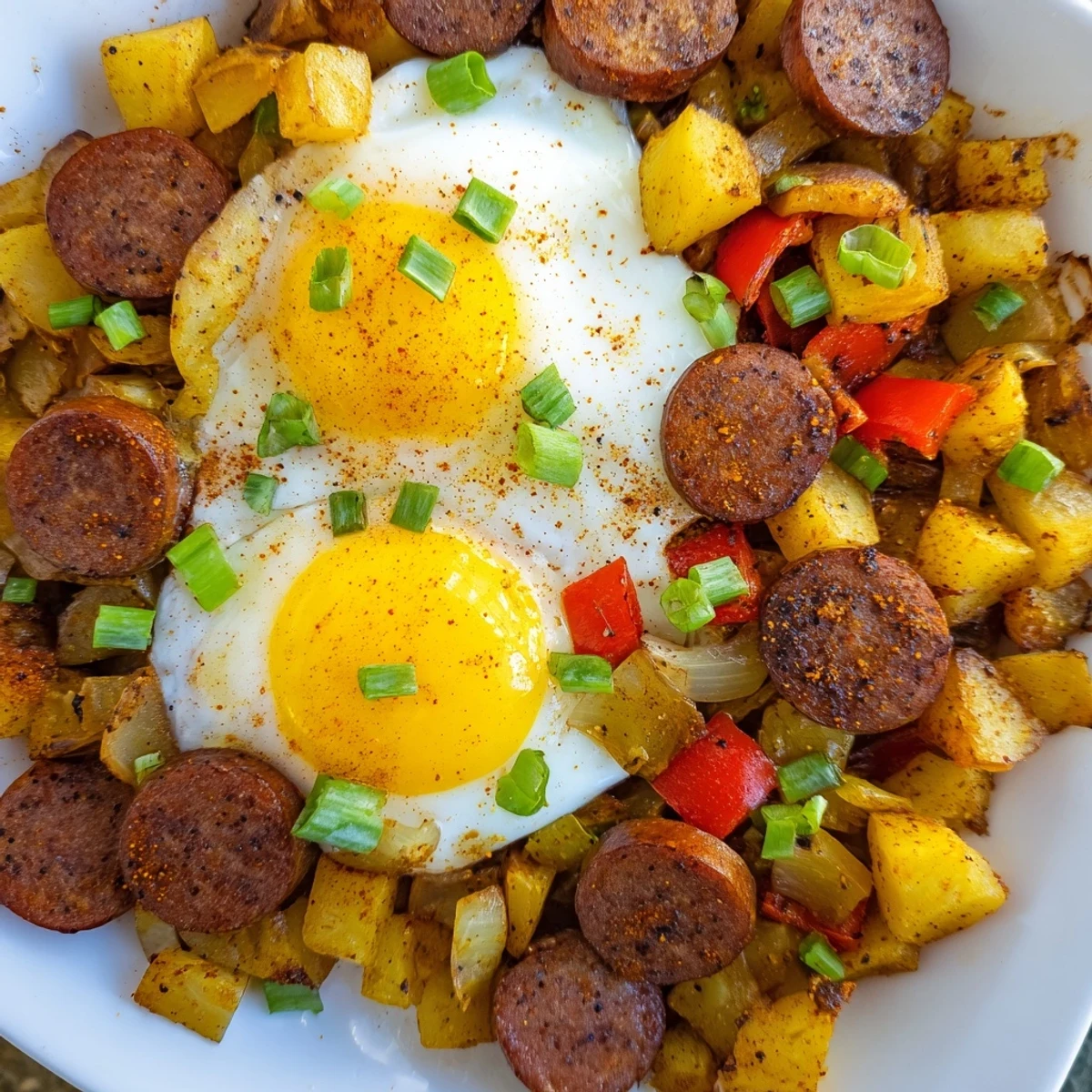 Golden Cajun beef sausage breakfast hash with crispy potatoes and perfectly cooked sunny-side up eggs in a cast iron skillet