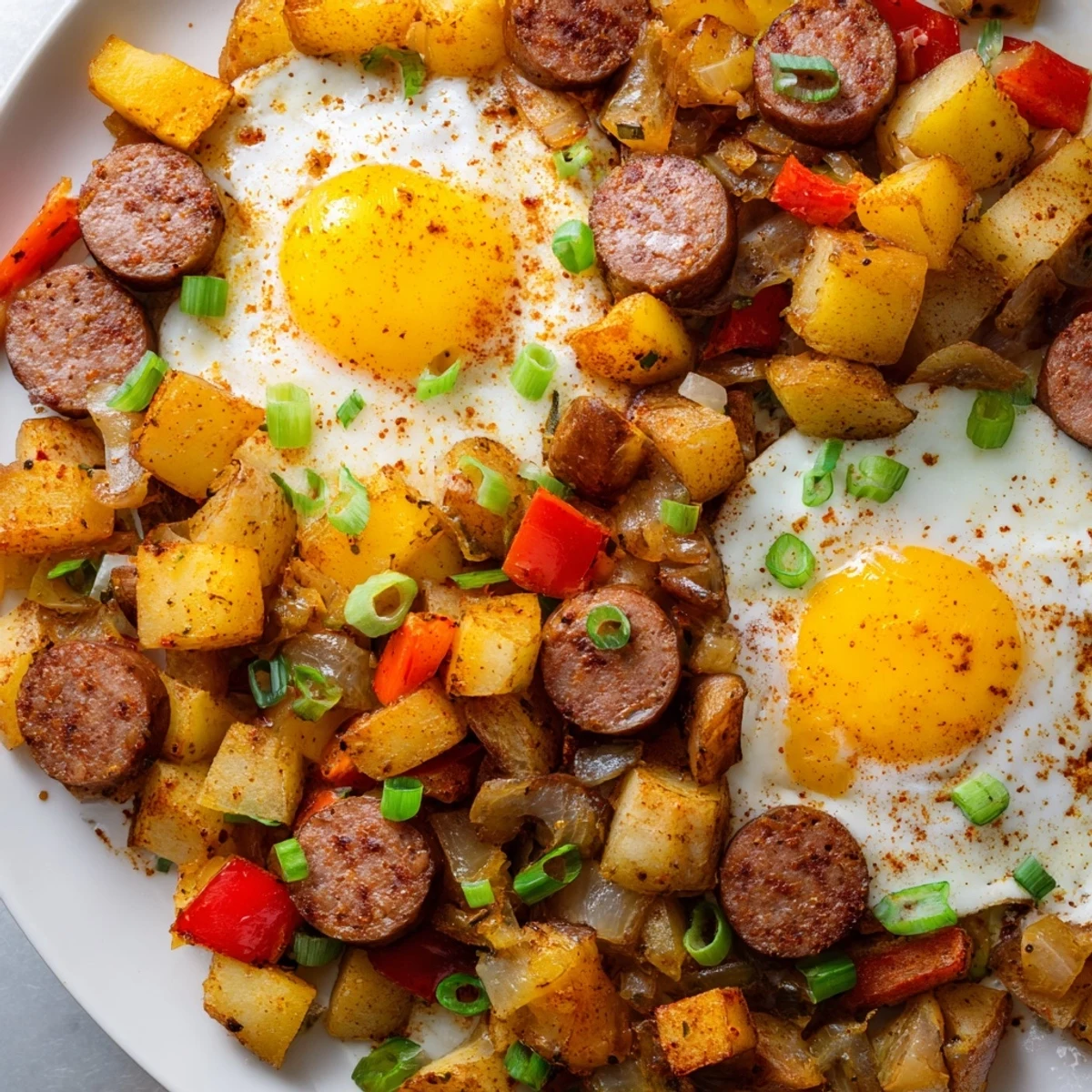 Hearty southern-style breakfast skillet featuring spicy Cajun beef sausage, diced potatoes, bell peppers, and runny yolks garnished with fresh green onions