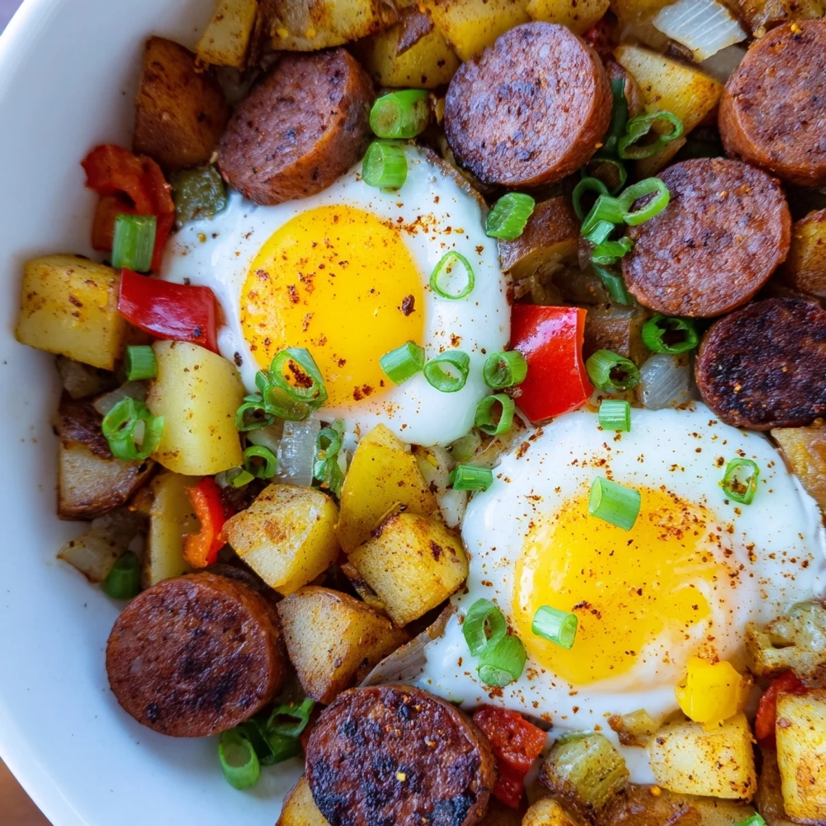 Sizzling Cajun beef sausage and potato hash topped with fried eggs, a colorful one-pan breakfast with red pepper and onion