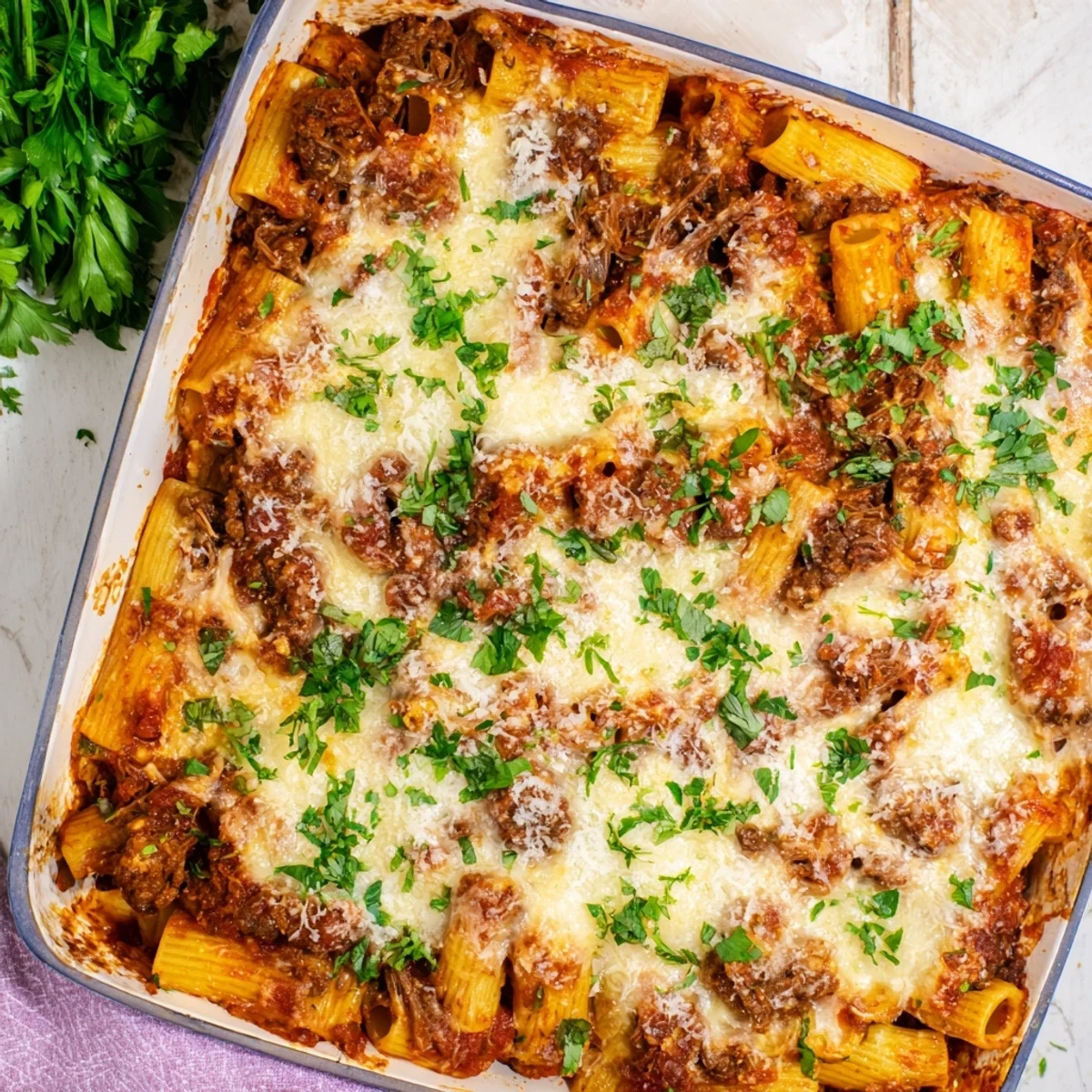 Golden cheesy chuck roast pasta bake with shredded beef in rich tomato sauce bubbling hot