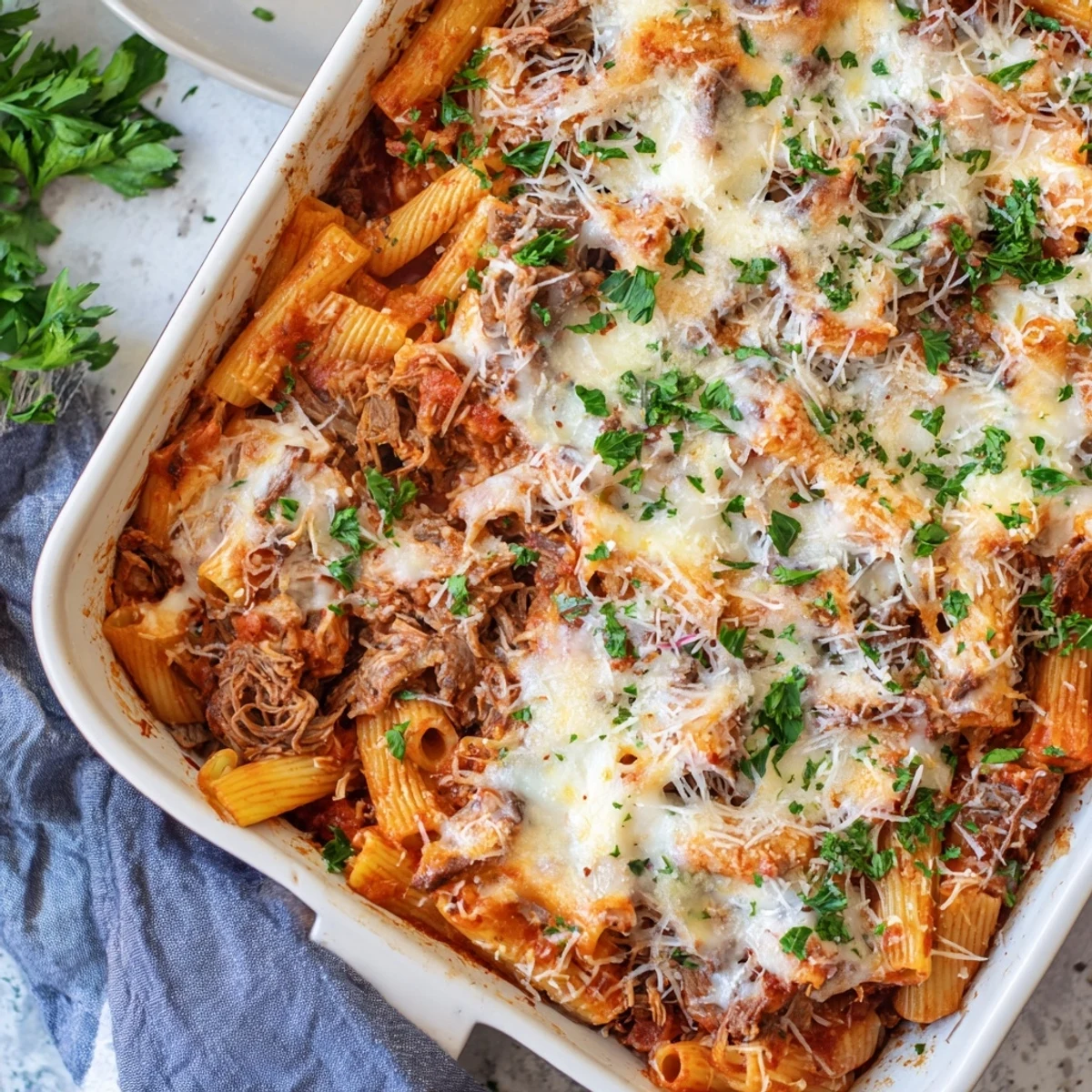 Hearty baked rigatoni layered with tender slow-cooked chuck roast and melted mozzarella cheese topping