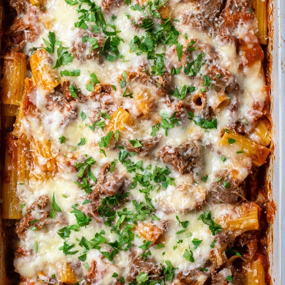 Comforting chuck roast pasta bake dish topped with golden parmesan and fresh chopped parsley garnish