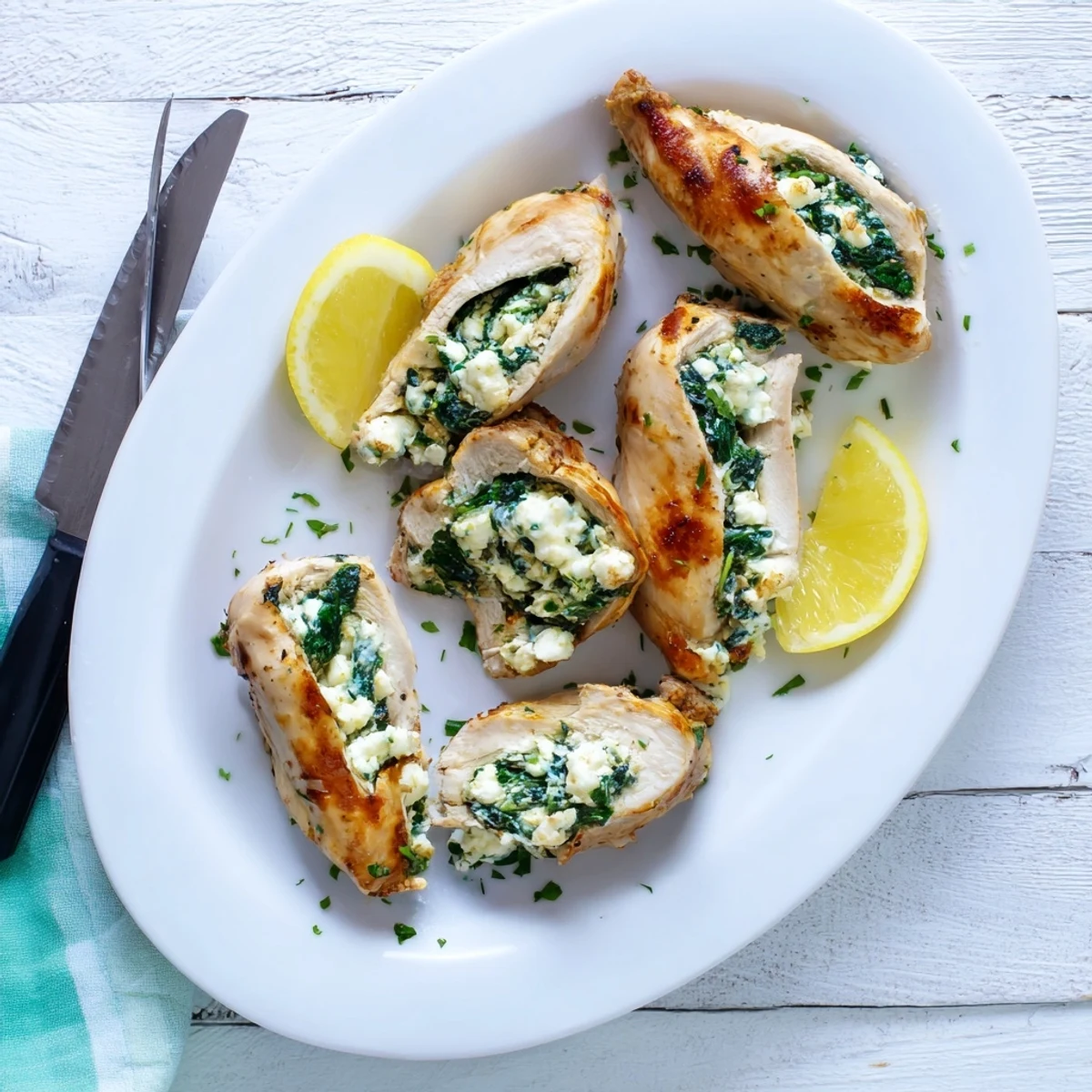 Juicy stuffed chicken breast featuring feta and spinach filling on a white plate