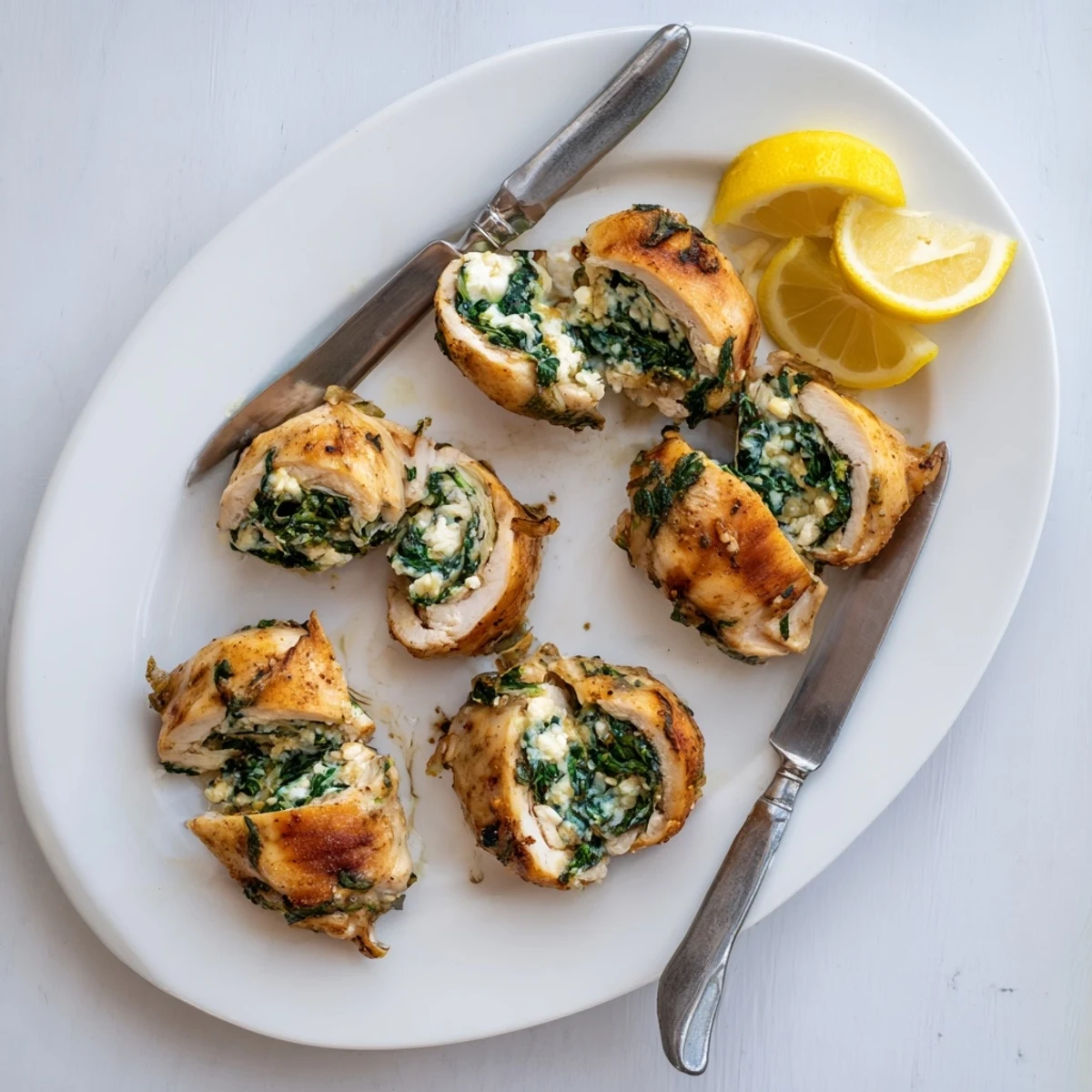 Golden baked chicken breast with feta and spinach oozing from the center