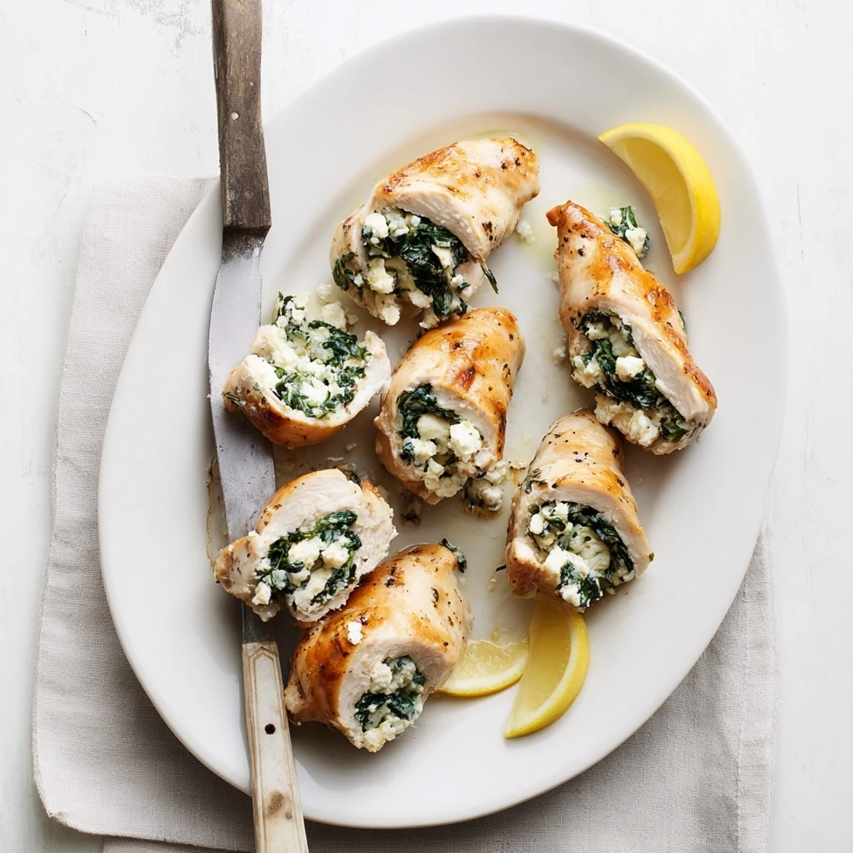 Mediterranean-style chicken breast baked with spinach and feta cheese, served with lemon