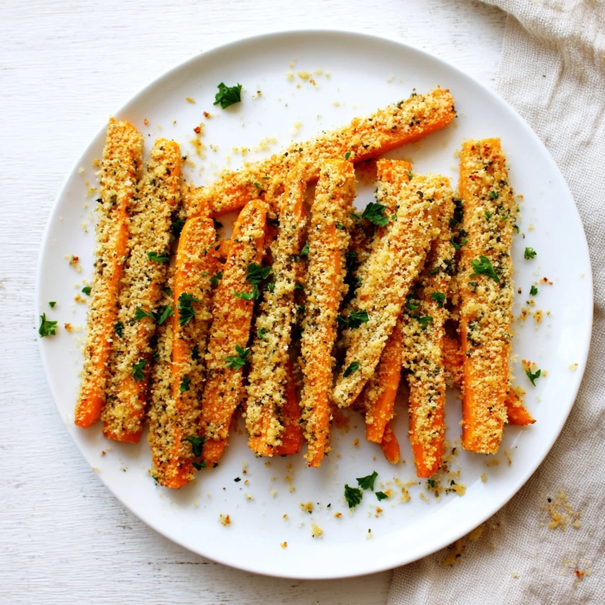 Golden crispy Parmesan carrots arranged on a white serving platter with fresh parsley garnish