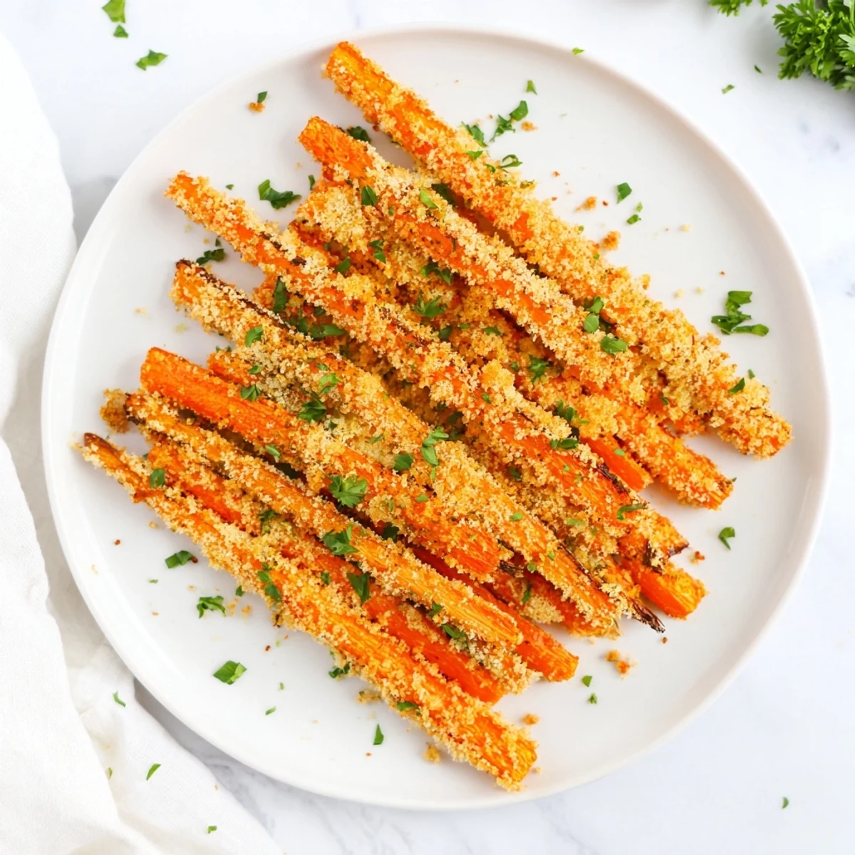 Roasted carrot sticks coated in savory Parmesan breadcrumb crust, steaming hot from the oven