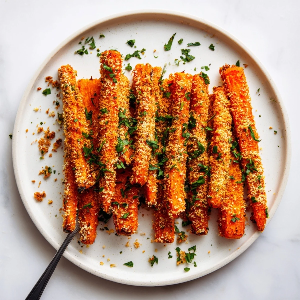 Close-up of tender crispy Parmesan carrots showing golden cheesy coating and vibrant orange color