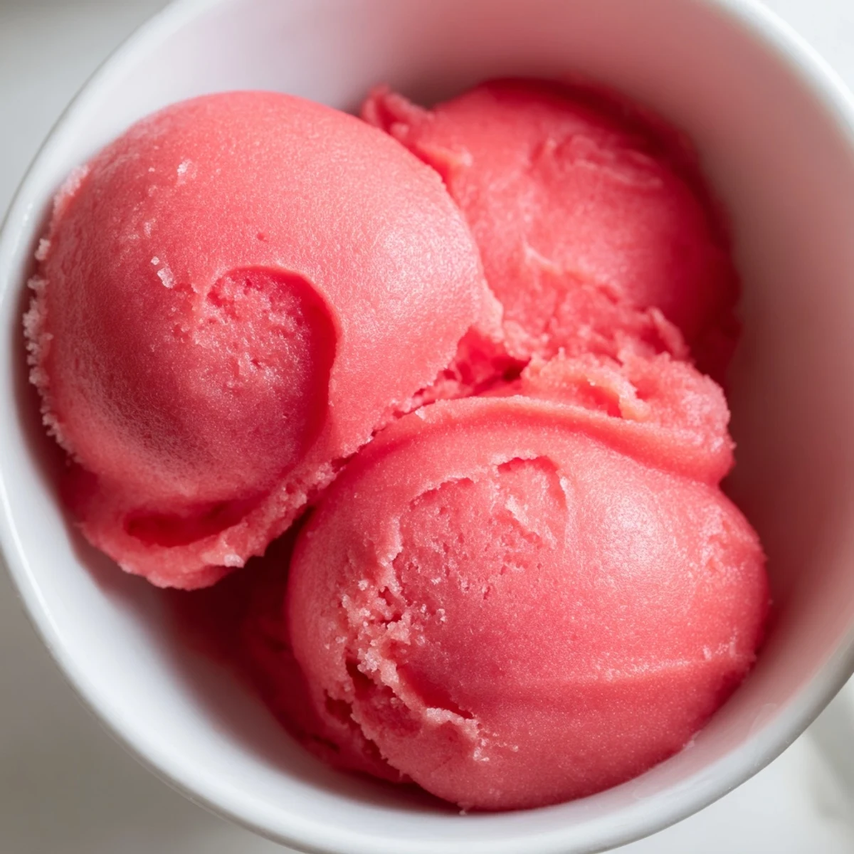 Pink watermelon sorbet scooped into glass bowls garnished with fresh mint sprigs