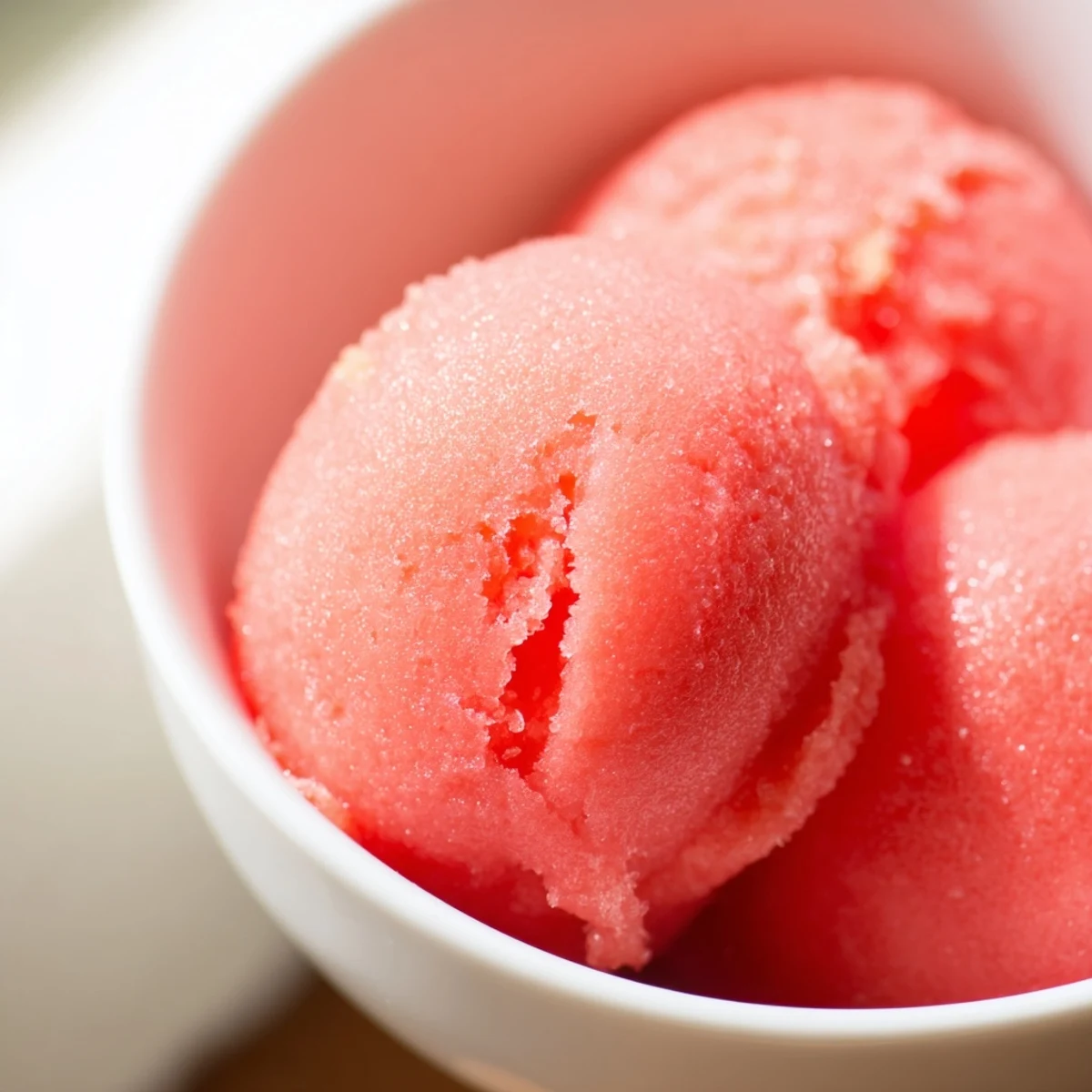 Creamy watermelon sorbet in white ceramic ramekin topped with watermelon wedge and lime wheel