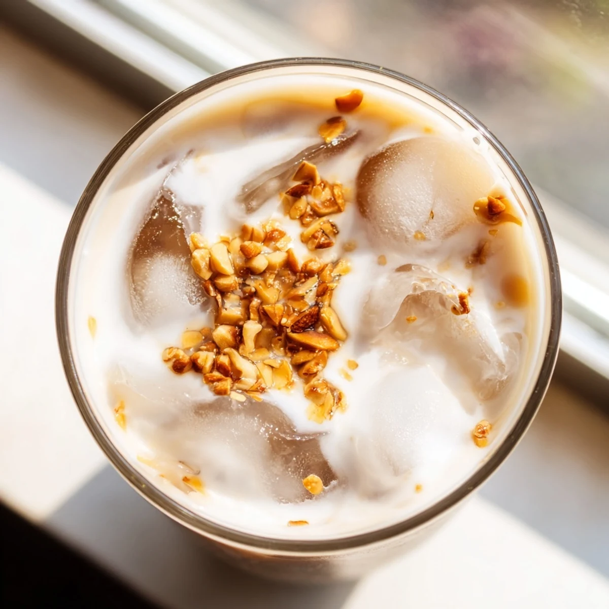 Creamy roasted almond milk beverage served over ice in tall glasses on wooden table