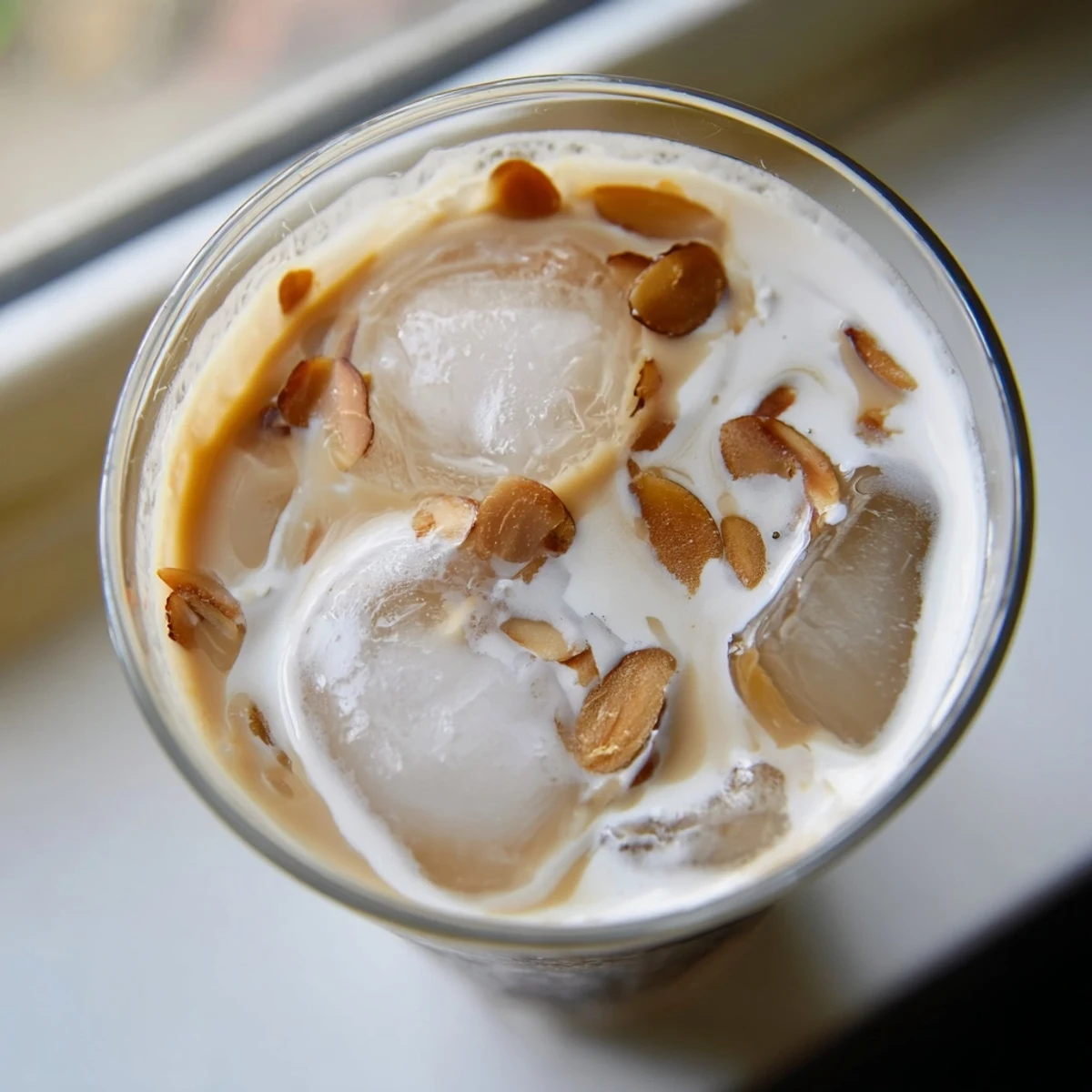 Chilled glass of refreshing summer roasted almond milk drink topped with cream and ice cubes