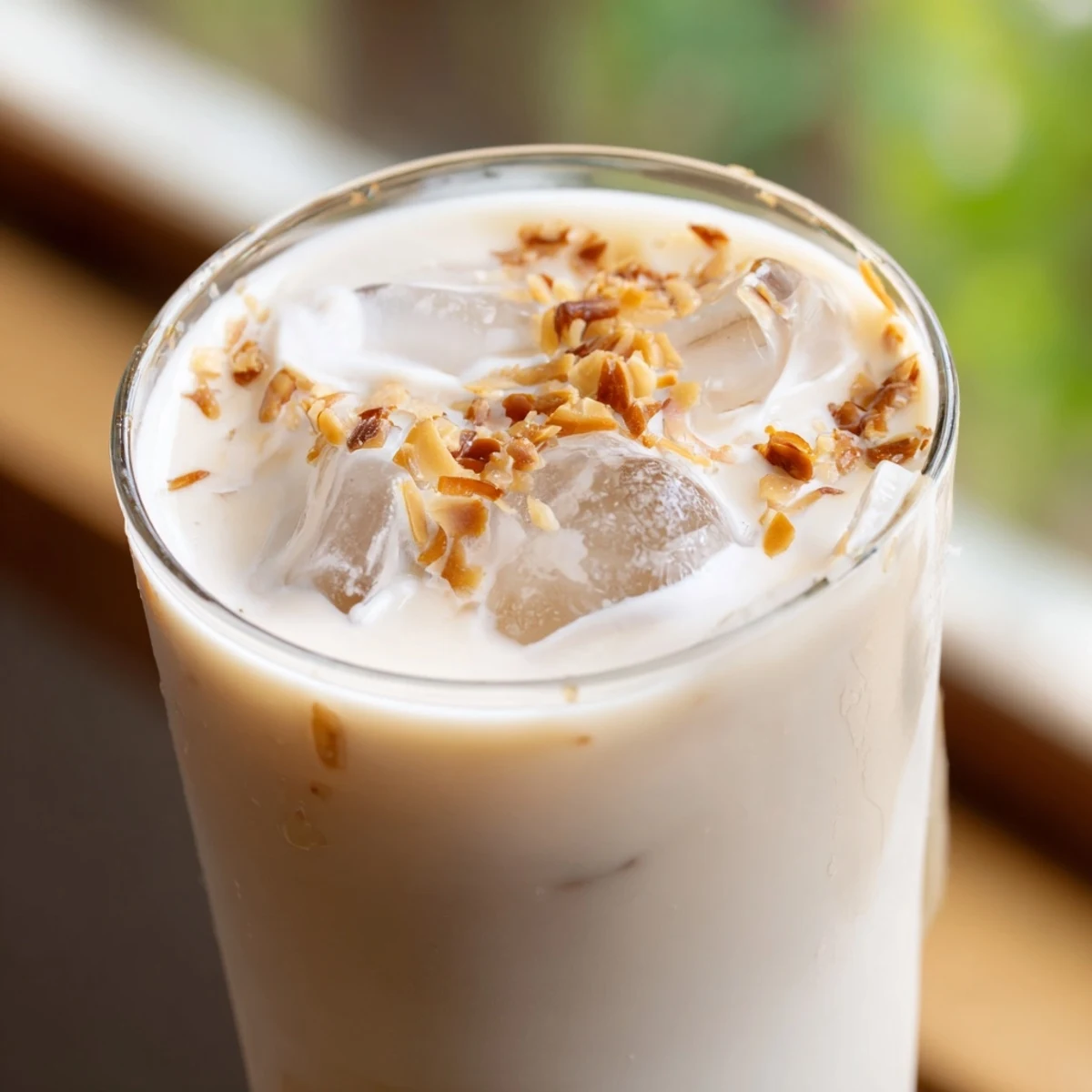 Golden roasted almond milk drink with vanilla and heavy cream garnished with almond slivers