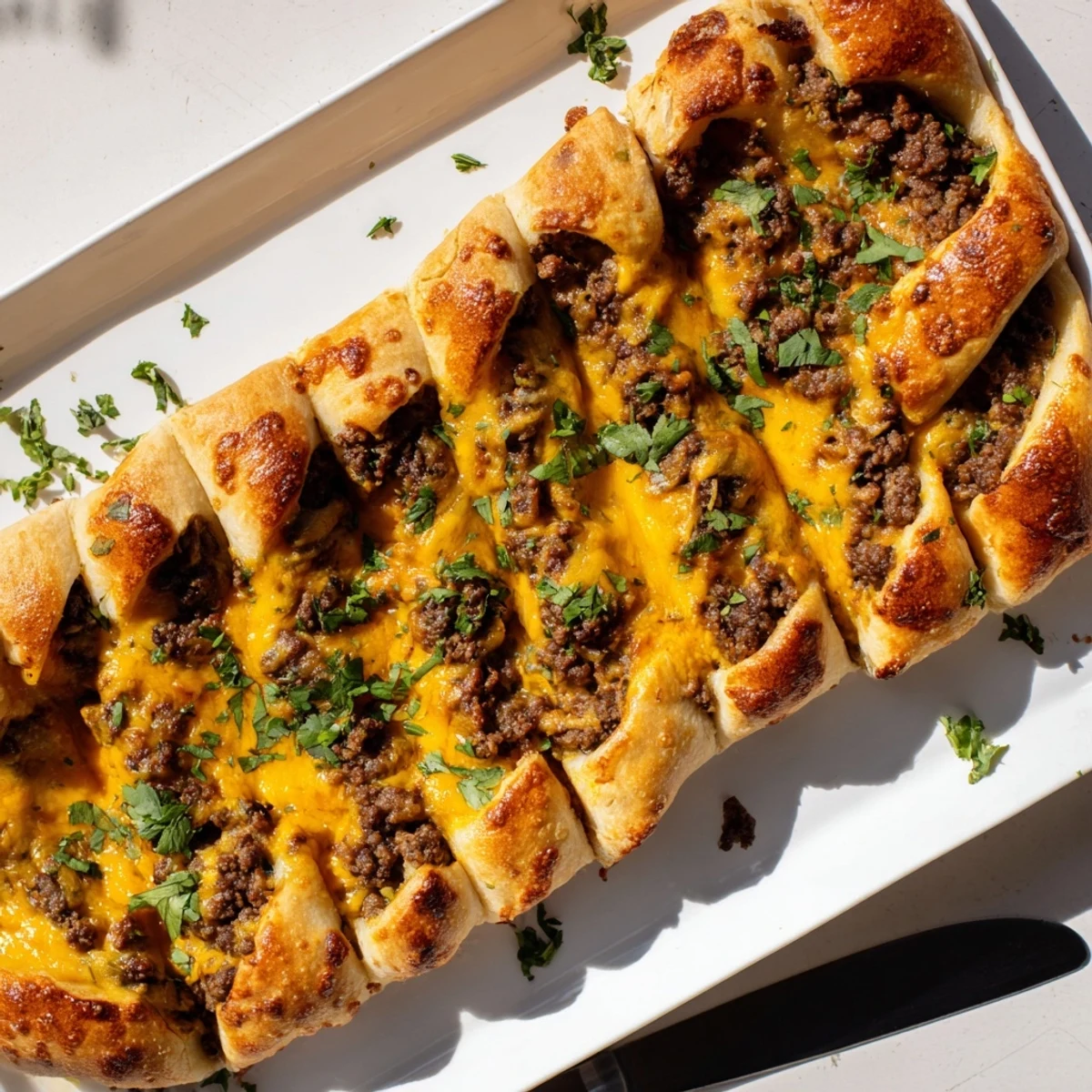 Soft breadsticks stuffed with spiced ground beef and melted cheese served with dipping sauces