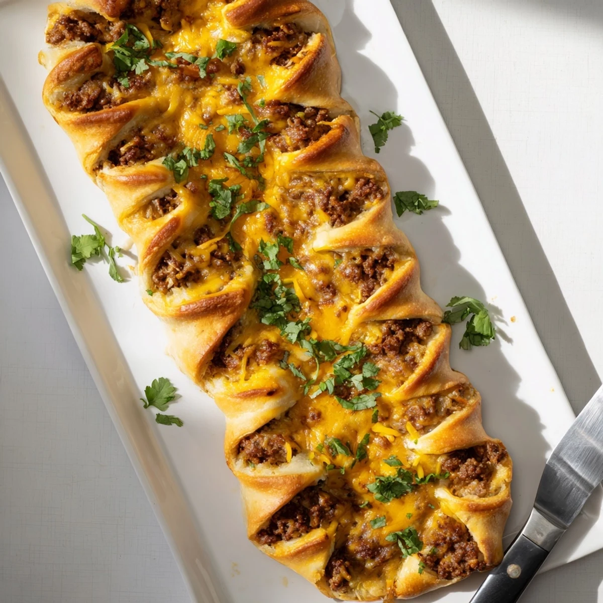 Homemade cheesy taco sticks featuring seasoned beef and cheddar mozzarella blend fresh from the oven