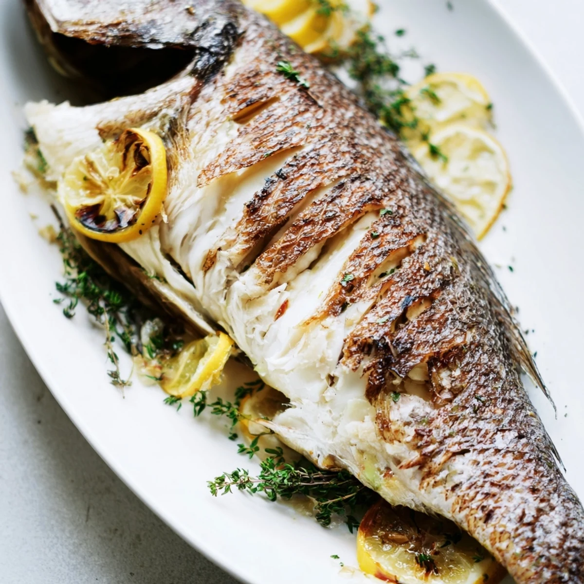Whole roasted fish with crispy golden skin served on a white platter with fresh lemon wedges and parsley garnish