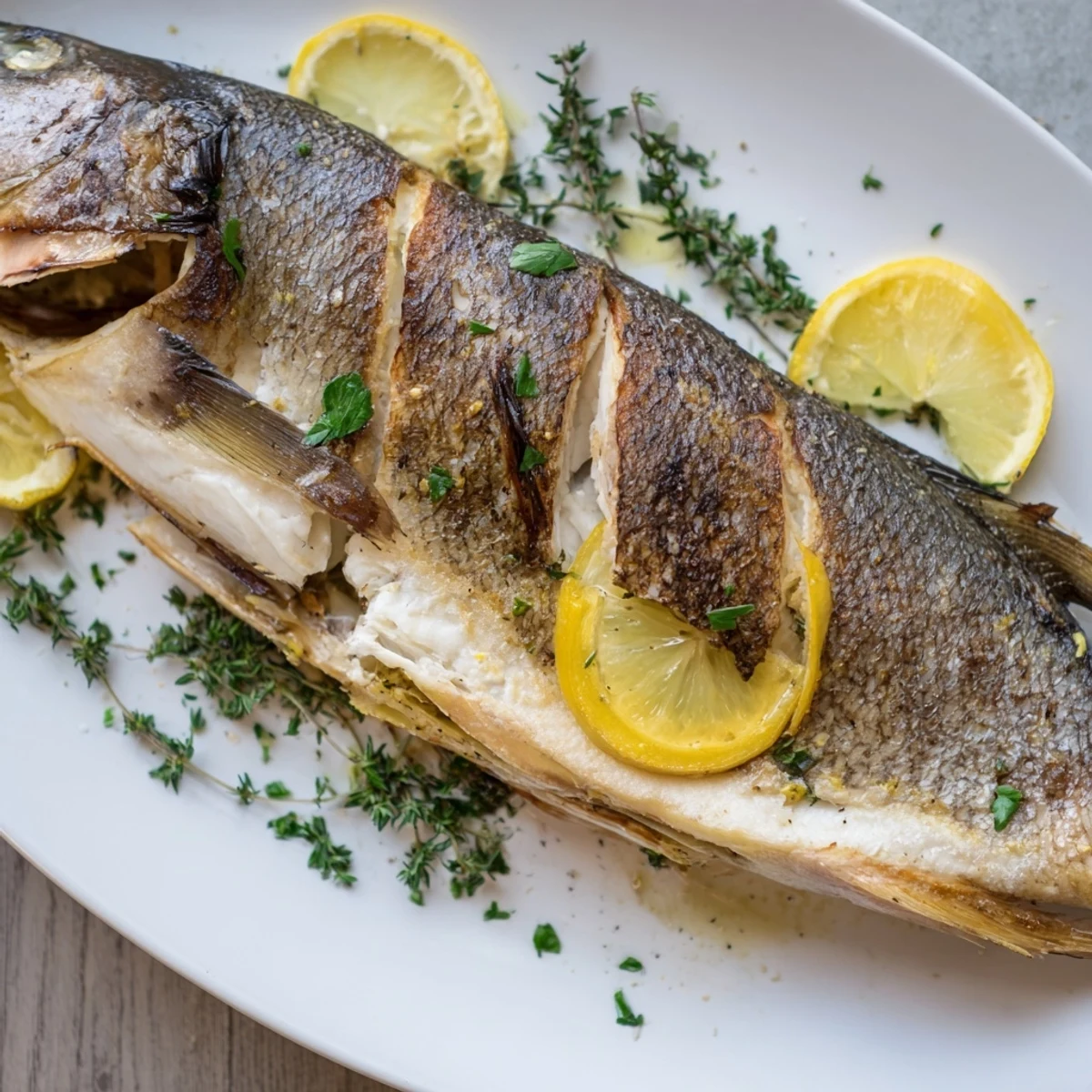 Mediterranean style whole roasted fish featuring perfectly crisped skin, aromatic herbs, and bright citrus slices on a rustic wooden board