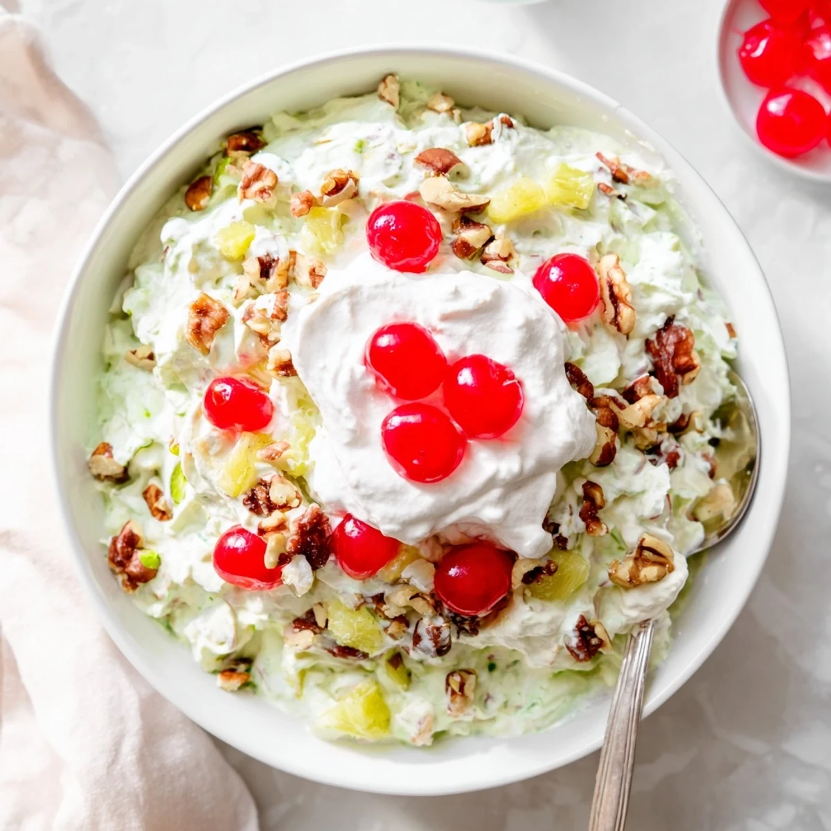 Vintage Watergate Salad recipe showcasing creamy bright green pistachio pudding with fluffy marshmallows and crushed pineapple