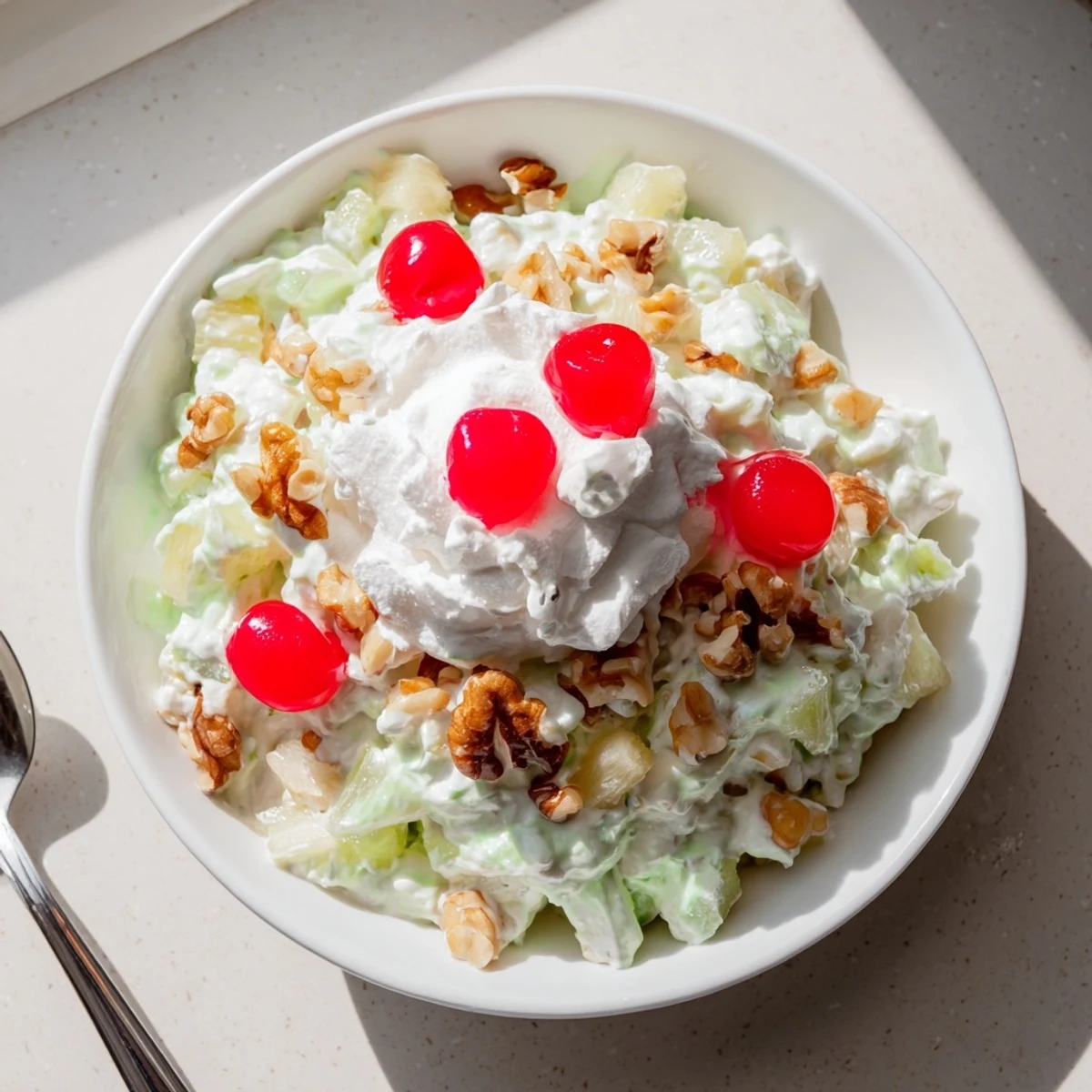 Watergate Salad dessert bowl topped with whipped topping, maraschino cherries, and chopped walnuts for a retro potluck treat