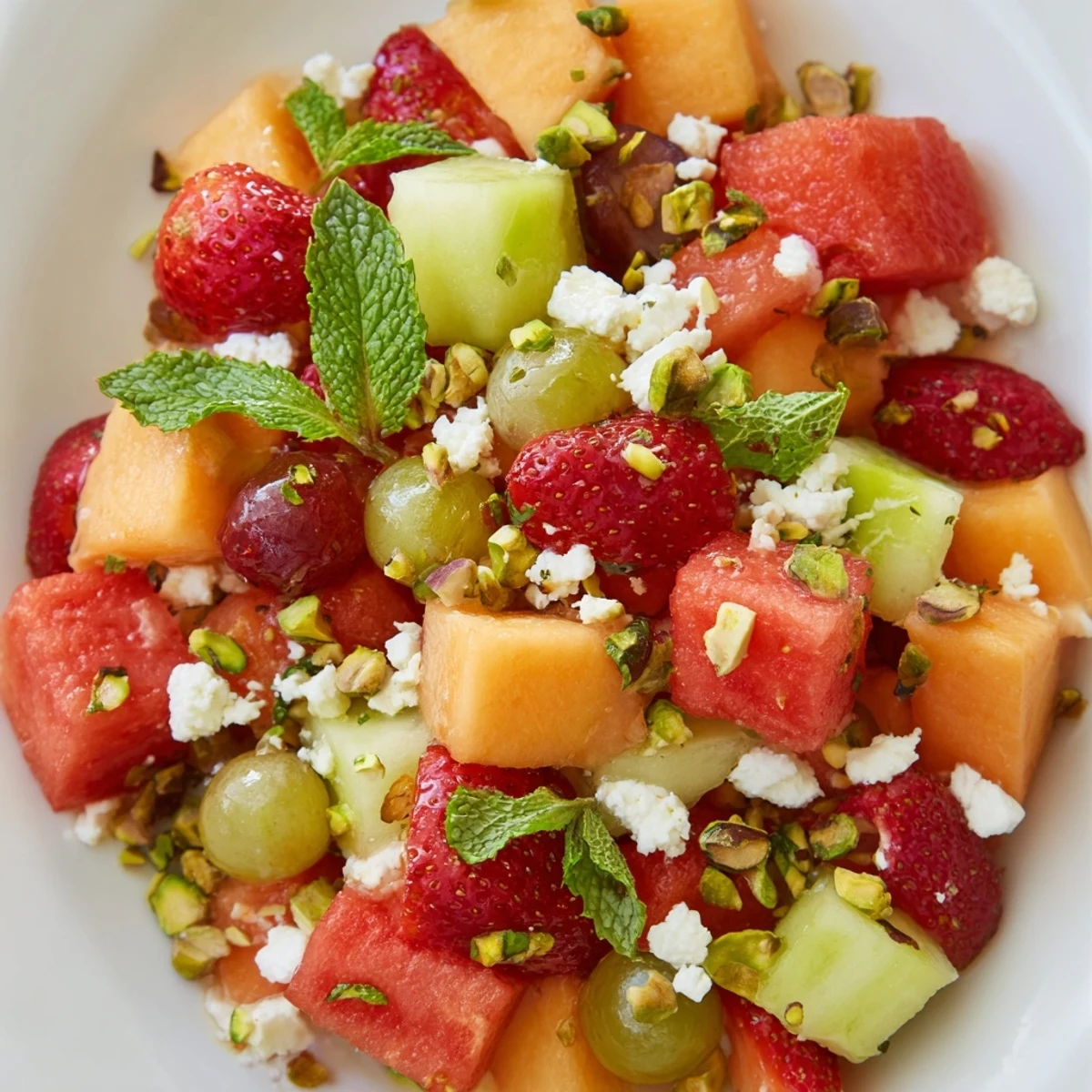 Refreshing mixed melon salad topped with crumbled feta cheese and toasted pistachios on a white plate
