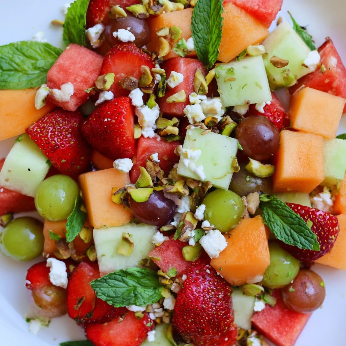 Vibrant fruit salad featuring honeydew, grapes, and basil drizzled with lime honey dressing