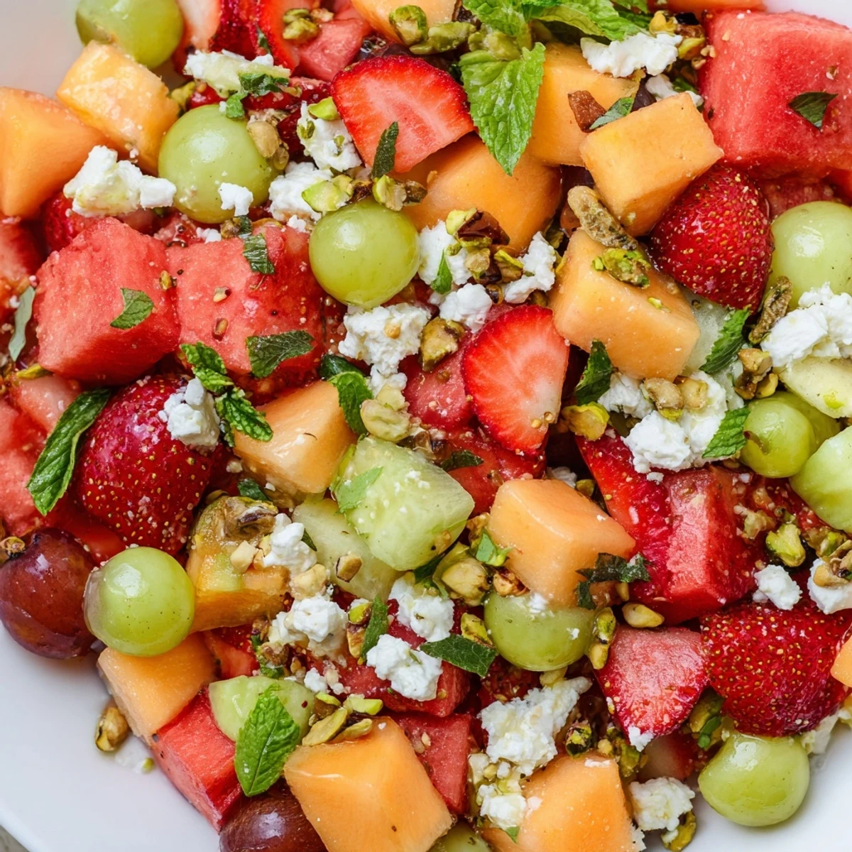 Colorful summer fruit salad bowl filled with watermelon, cantaloupe, strawberries, and fresh mint leaves