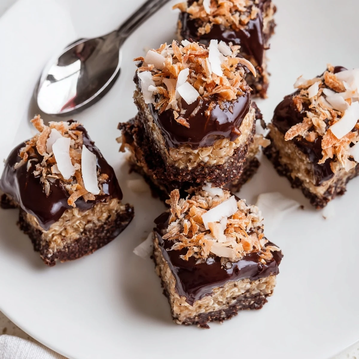 Golden no bake Samoa bites topped with caramel coconut and drizzled with rich dark chocolate