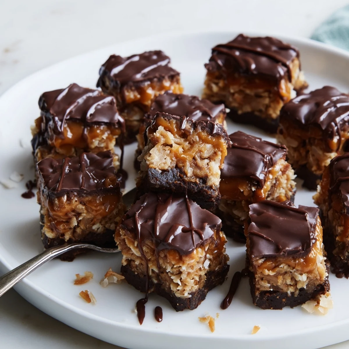 Decadent no bake Samoa bites featuring toasted coconut, caramel topping, and glossy chocolate coating