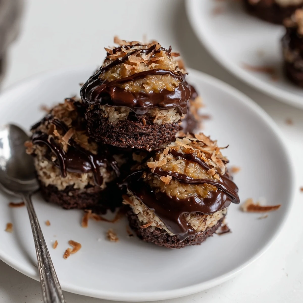 Chewy chocolate coconut no bake Samoa bites arranged on parchment paper with caramel layers