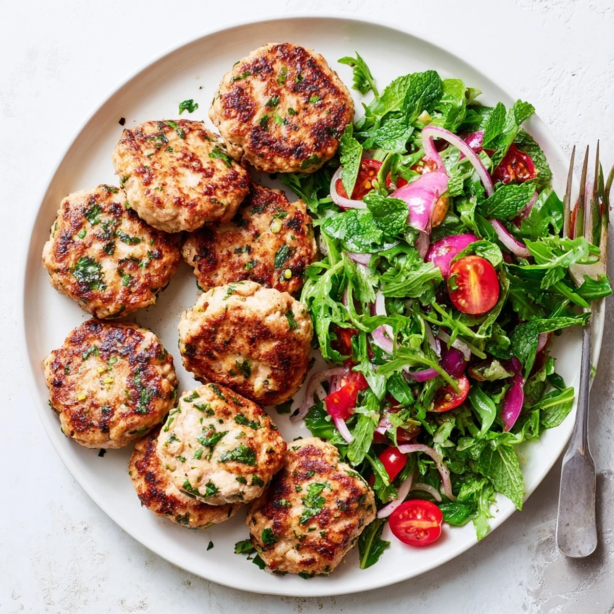 Golden brown turkey patties served alongside fresh arugula pea salad with cherry tomatoes