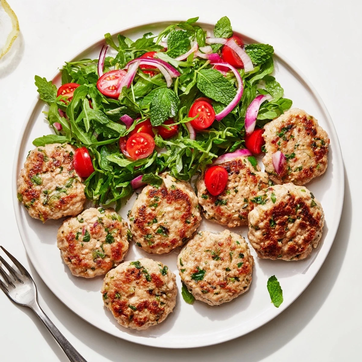 Homemade turkey patties with refreshing arugula pea salad featuring mint and red onion