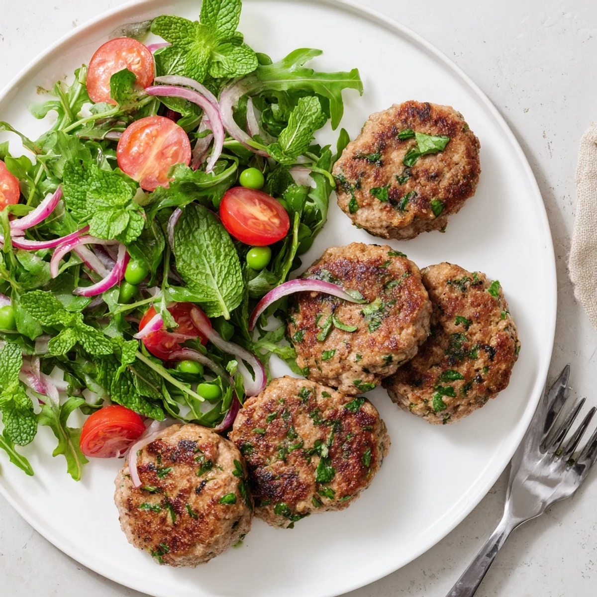 Juicy pan-fried turkey patties plated on a bed of peppery arugula and sweet peas