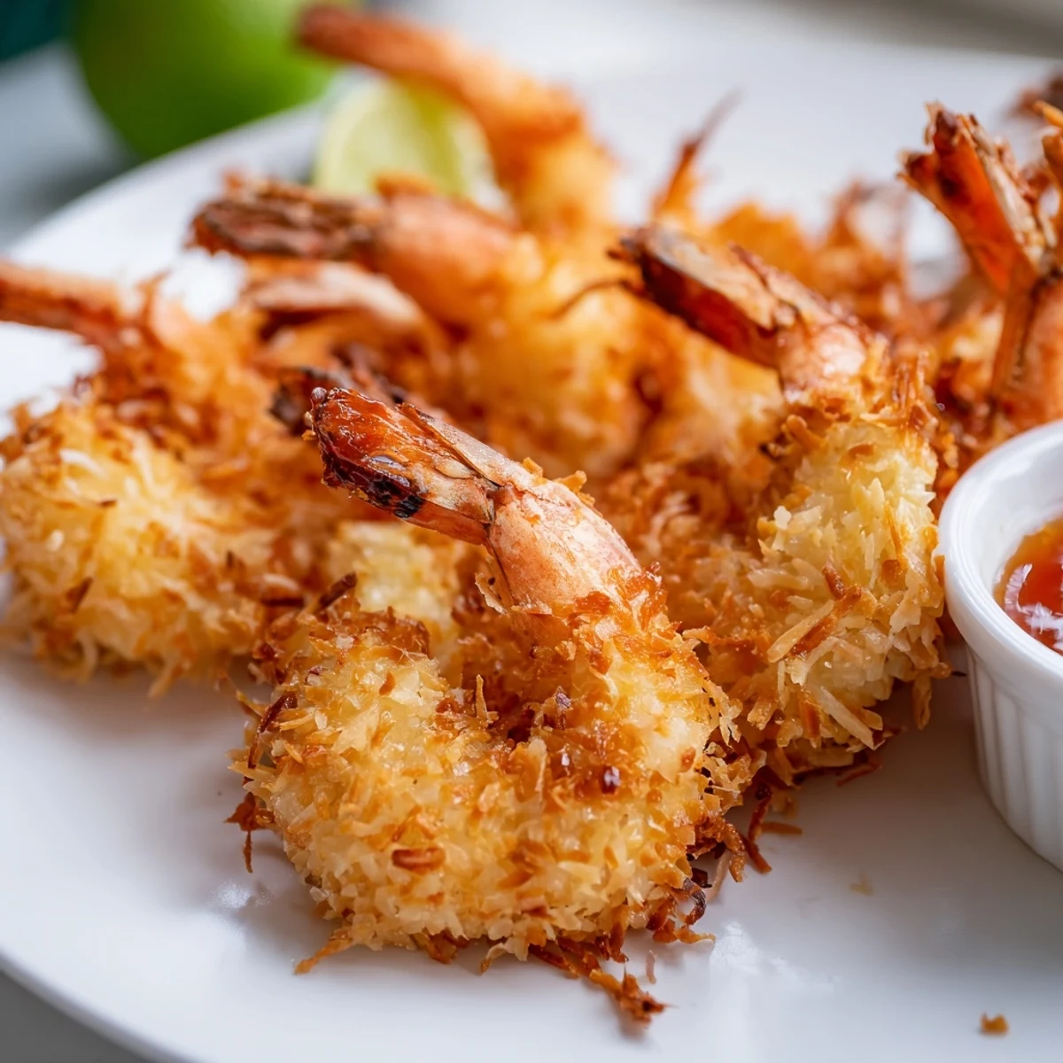 Tropical fried coconut shrimp featuring crunchy shredded coconut breading drizzled with lime-spiced dipping sauce
