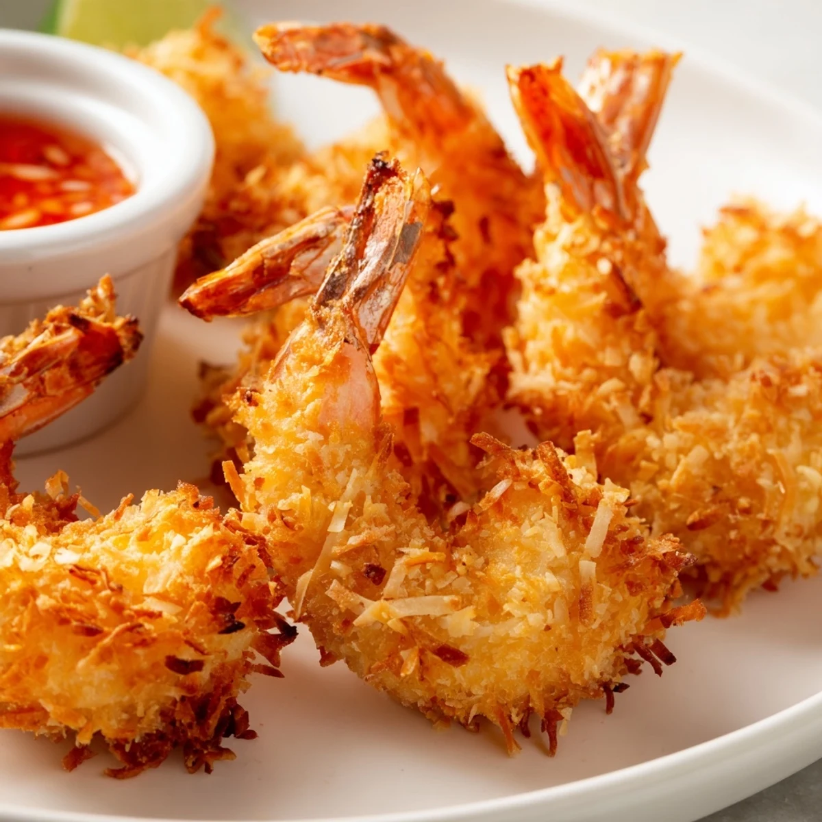 Crispy golden brown coconut shrimp appetizer arranged on white plate with lime wedges and sauce