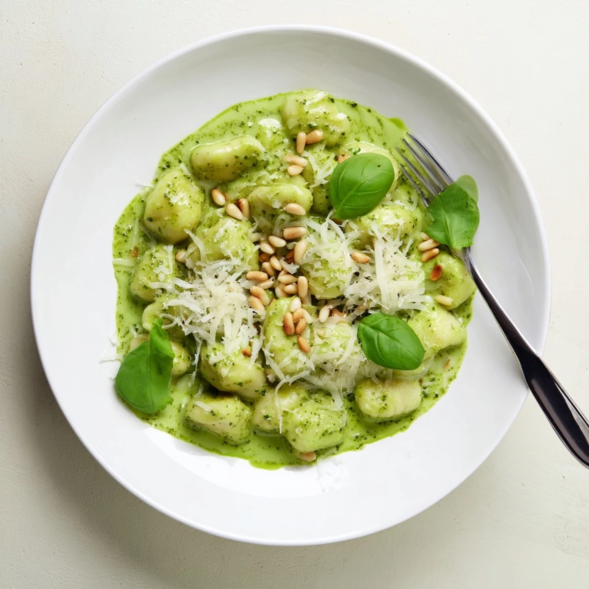 Golden potato gnocchi coated in vibrant green basil pesto cream sauce with freshly grated Parmesan