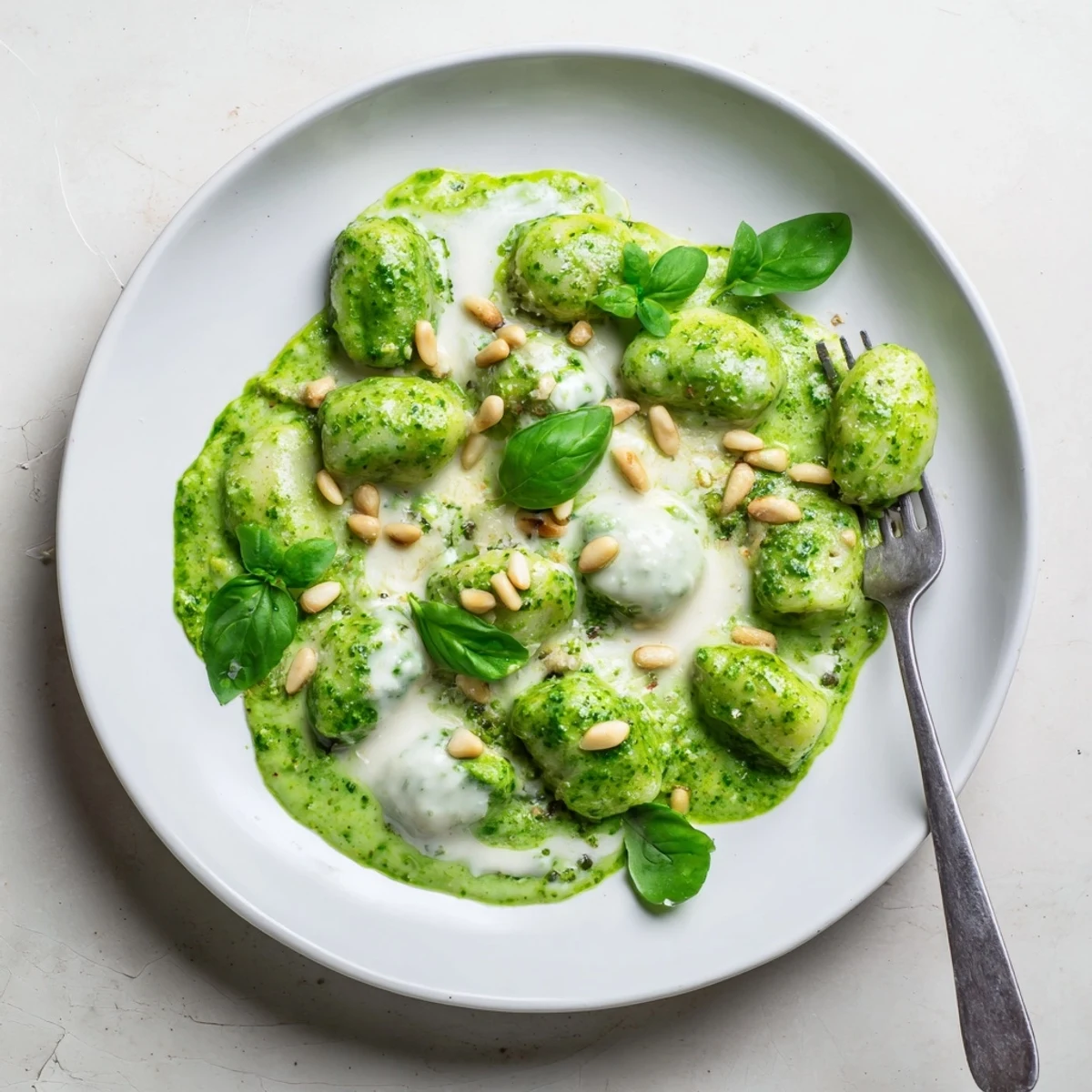 Creamy pesto gnocchi dish garnished with fresh basil leaves and toasted pine nuts on a white plate