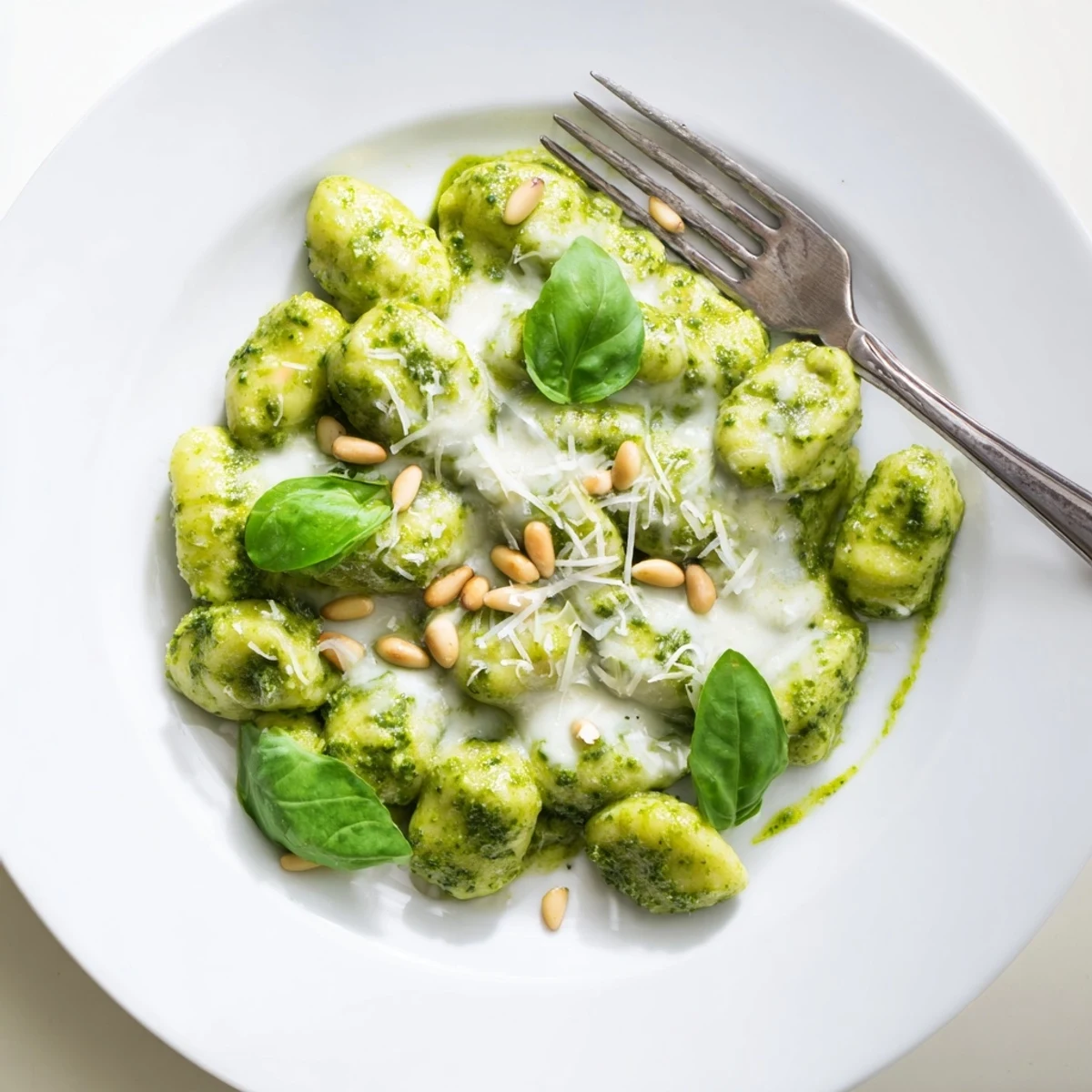 Close-up of pillowy gnocchi tossed in rich herbaceous pesto cream sauce with shaved Parmesan cheese topping