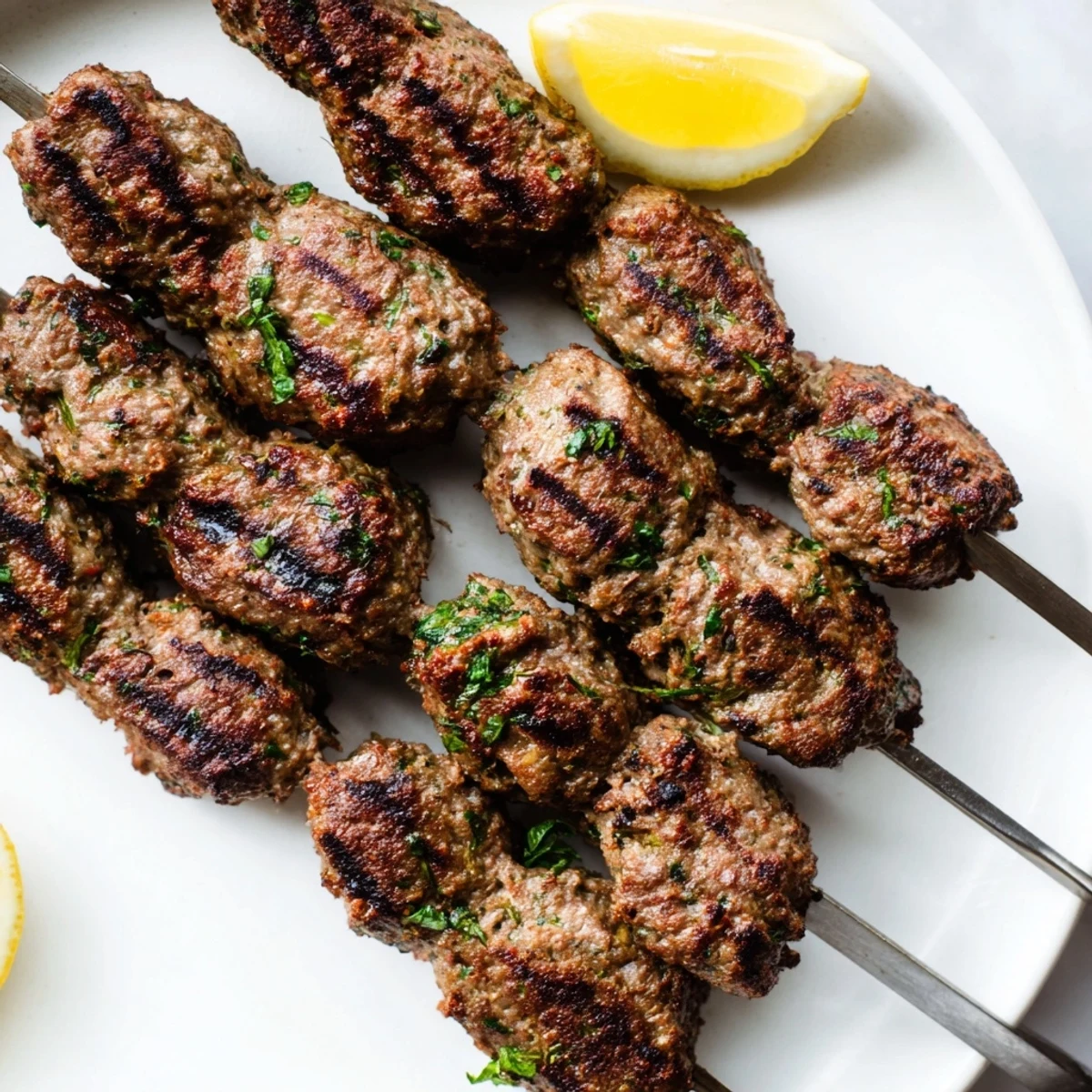 Golden brown beef kofta kebabs grilled to perfection on metal skewers