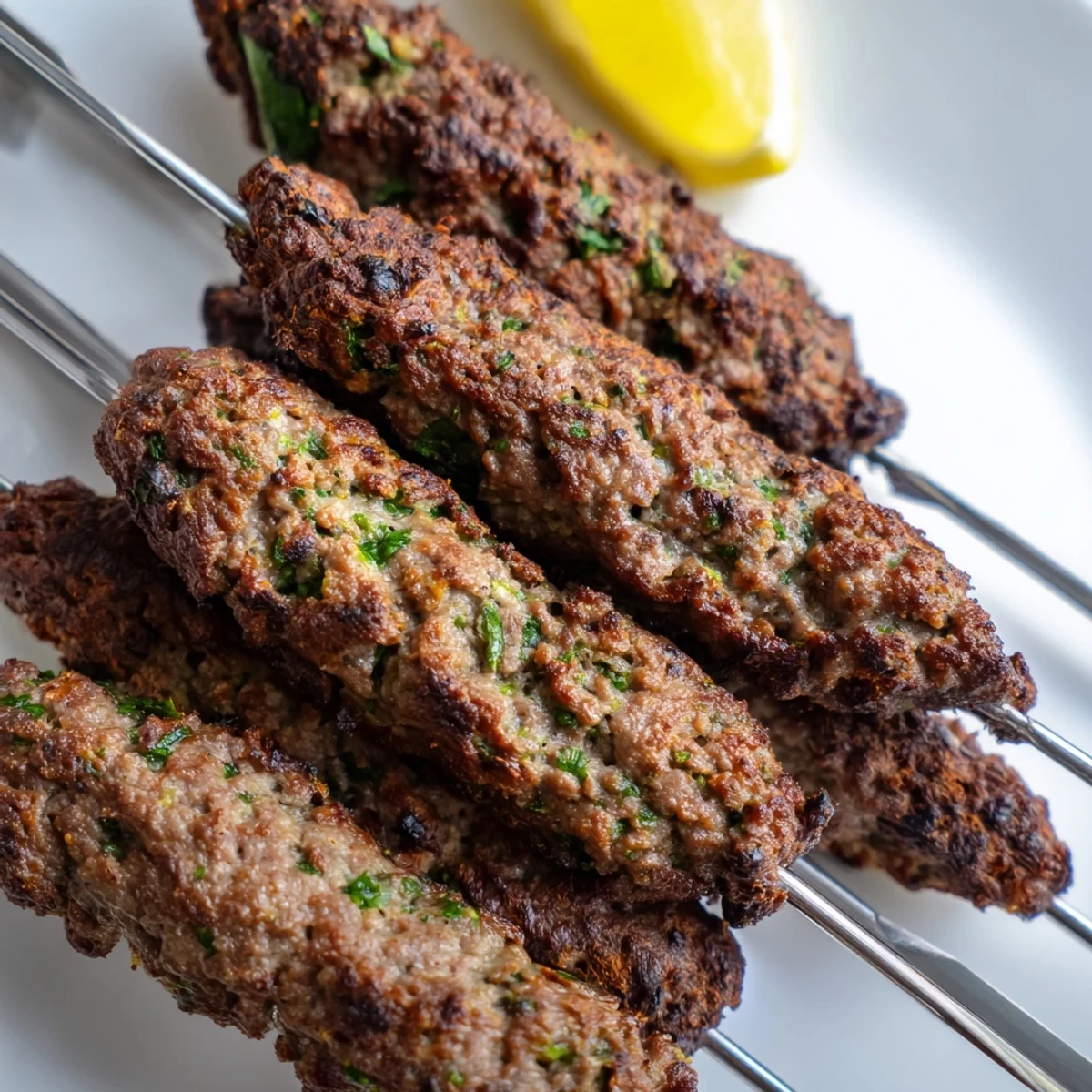 Savory homemade beef kofta kebabs arranged on a platter with flatbread and vegetables