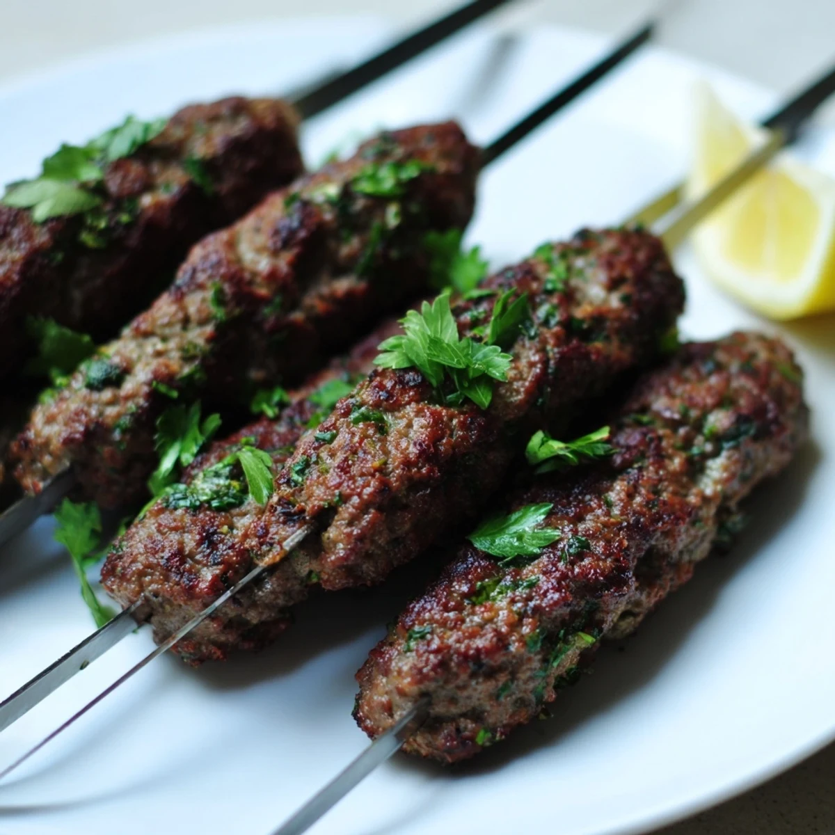 Juicy Middle Eastern spiced beef kofta kebabs served with lemon wedges and fresh herbs