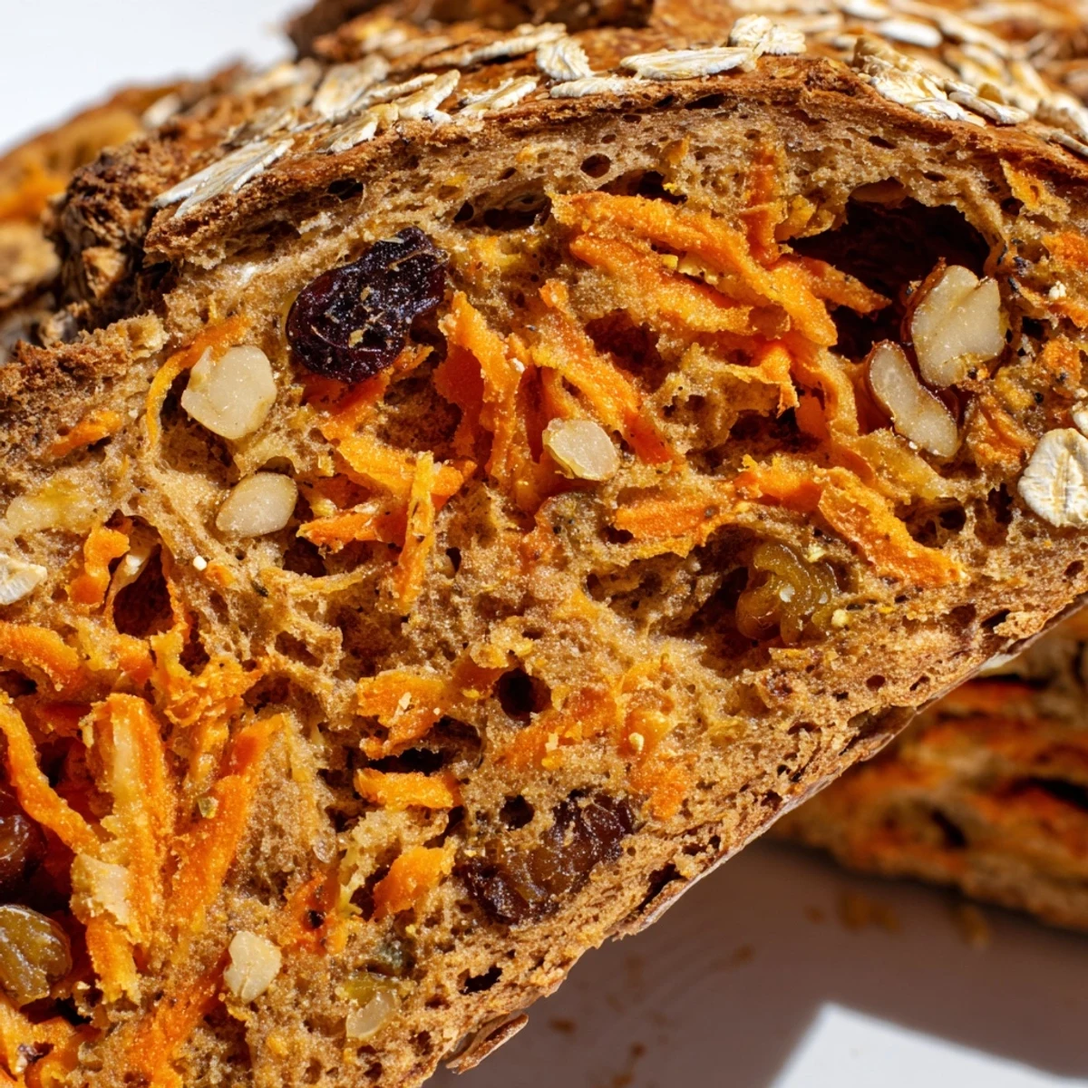 Sliced carrot cake sourdough bread revealing moist texture and warm cinnamon spice flecks
